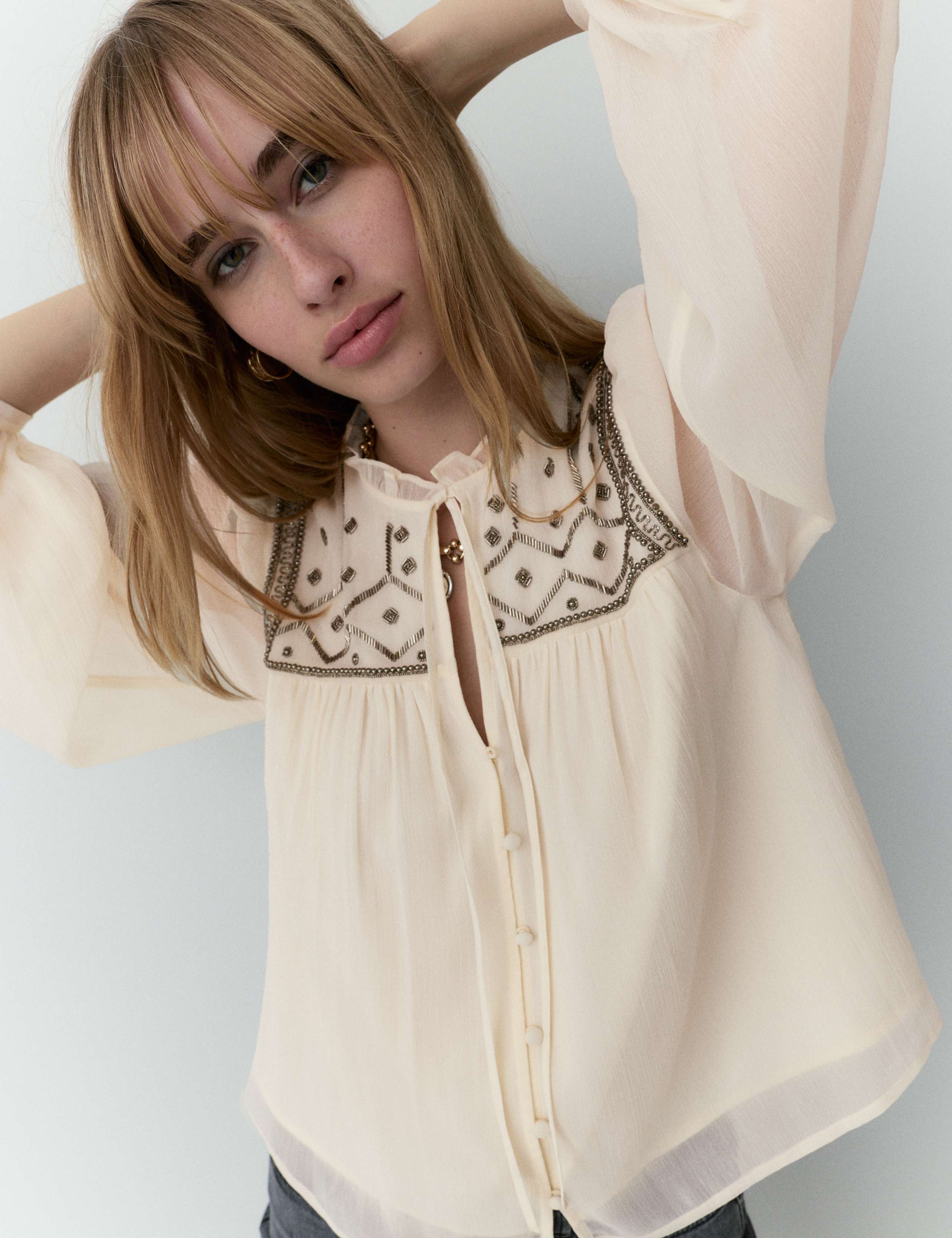 Beaded Yoke Tie Neck Blouson Sleeve Blouse