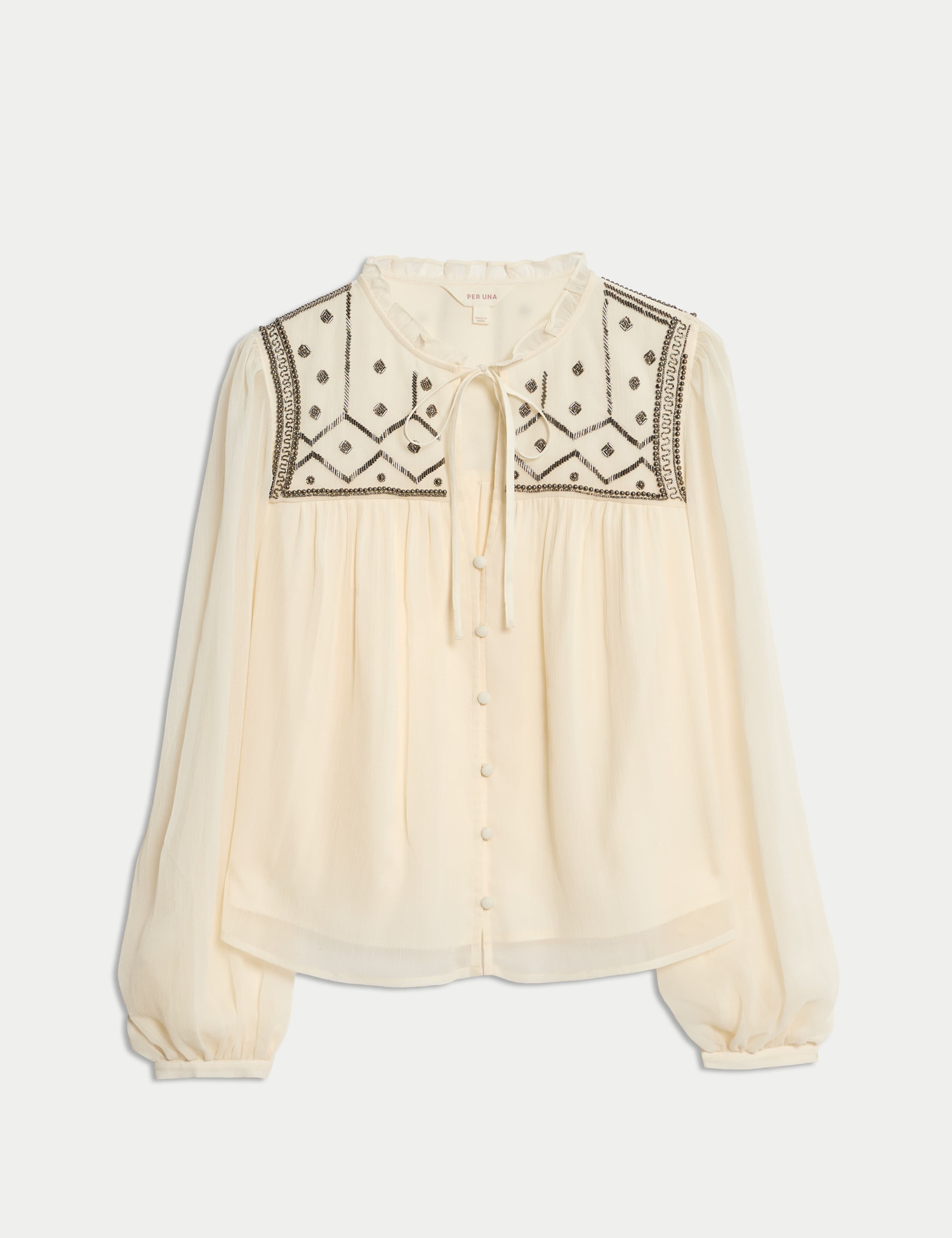 Beaded Yoke Tie Neck Blouson Sleeve Blouse