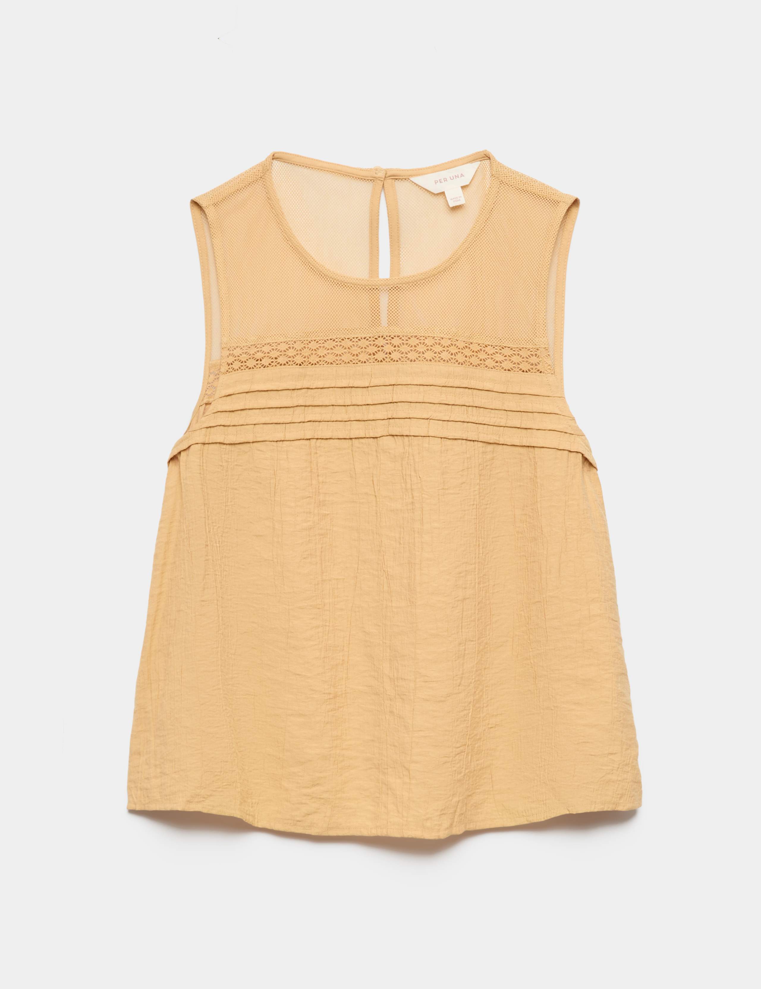 Lace Insert Mesh Yoke Sleeveless Top