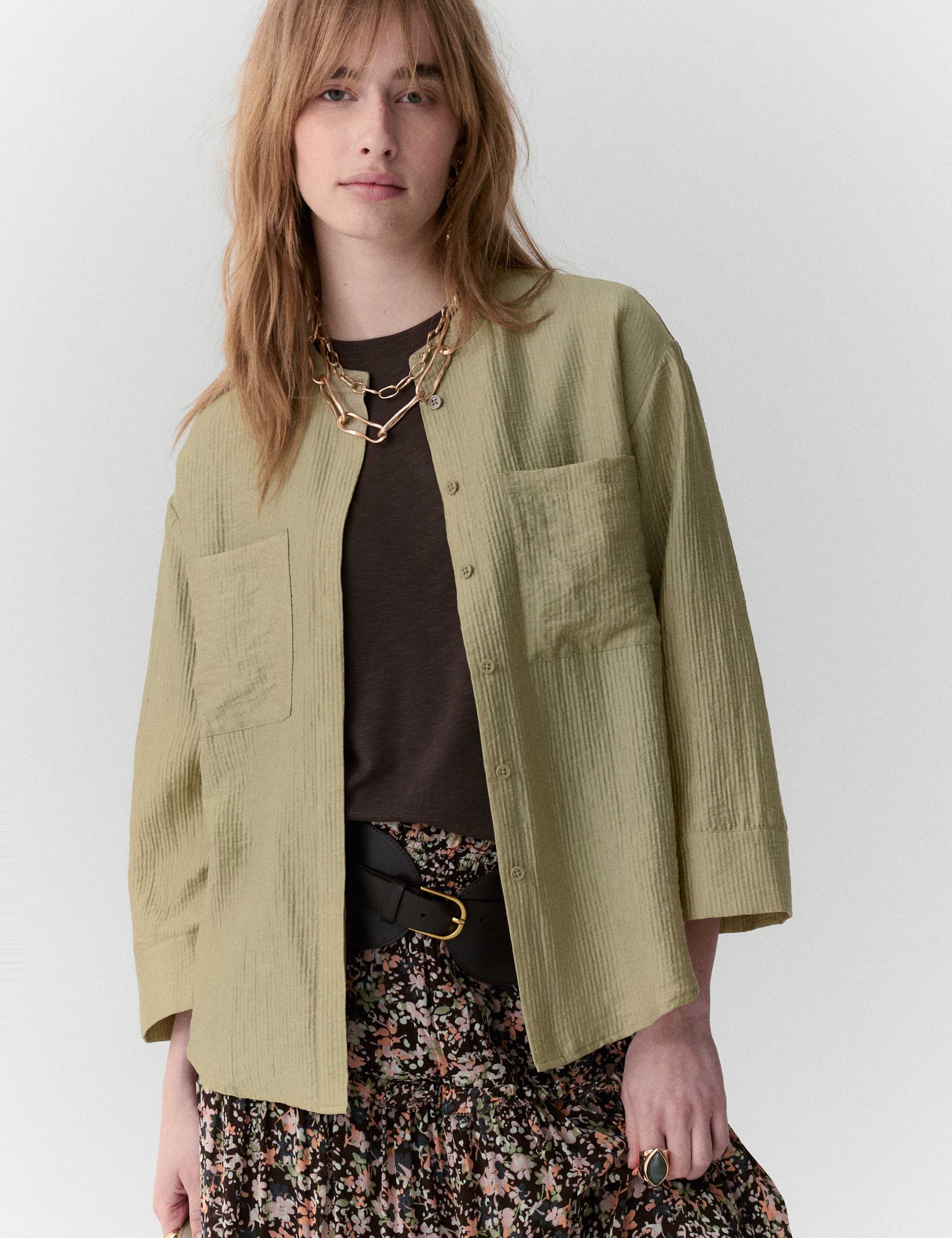 Lyocell Textured Collarless Utility Shirt