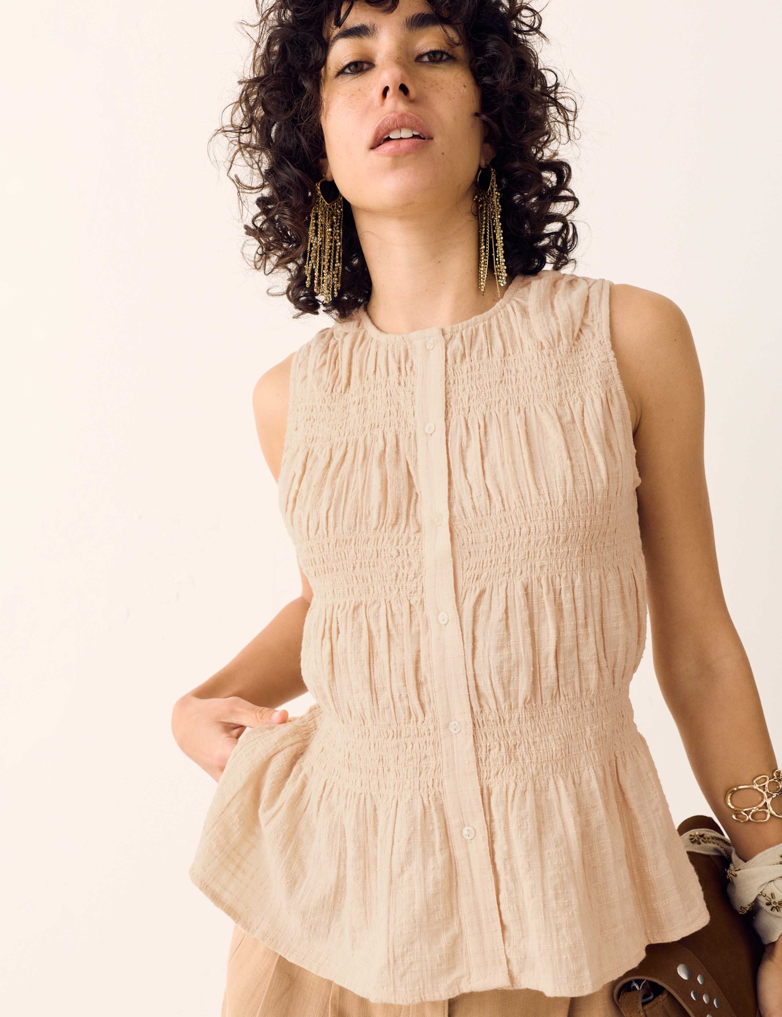 Pure Cotton Shirred Button Through Top