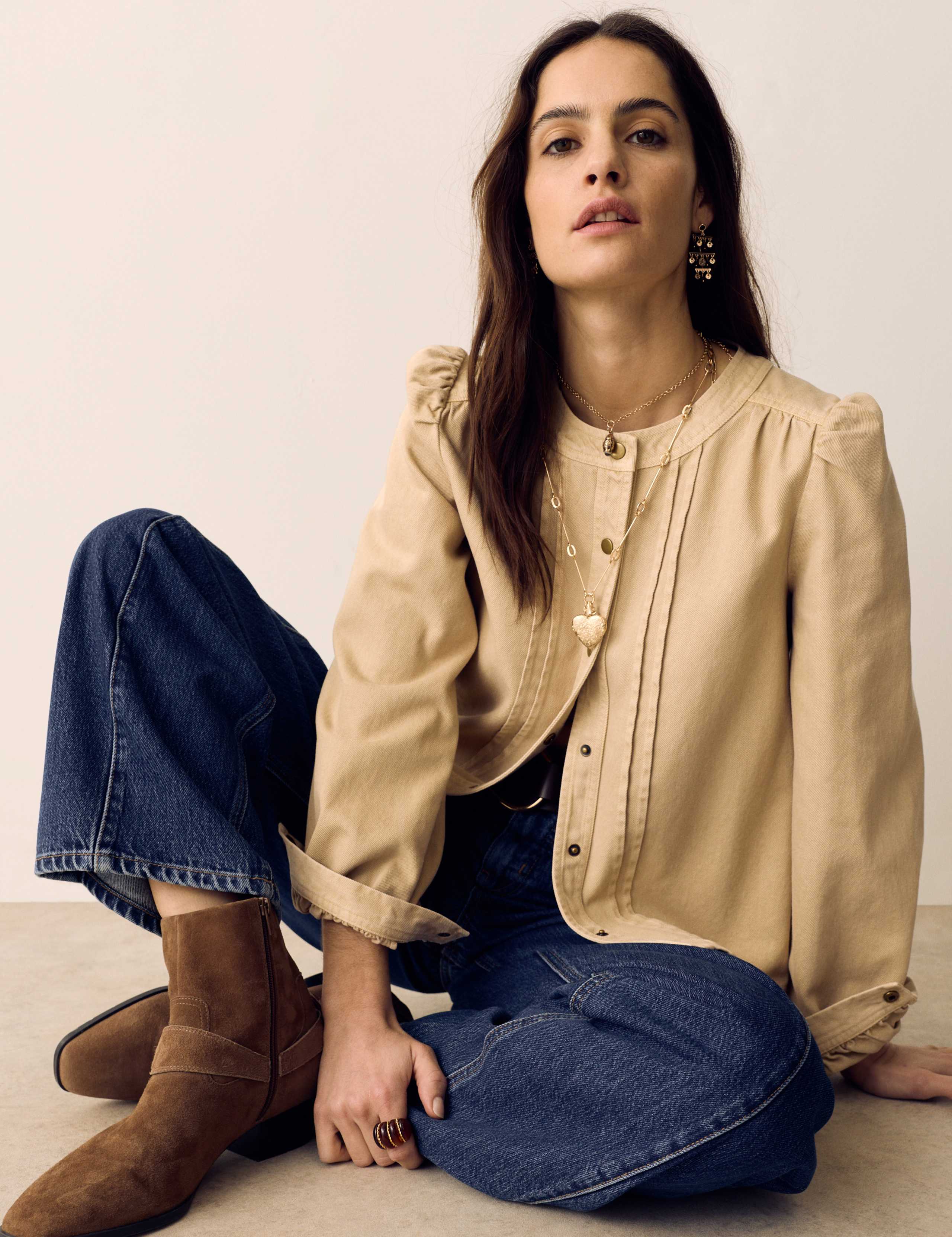 Pure Cotton Denim Collarless Shirt