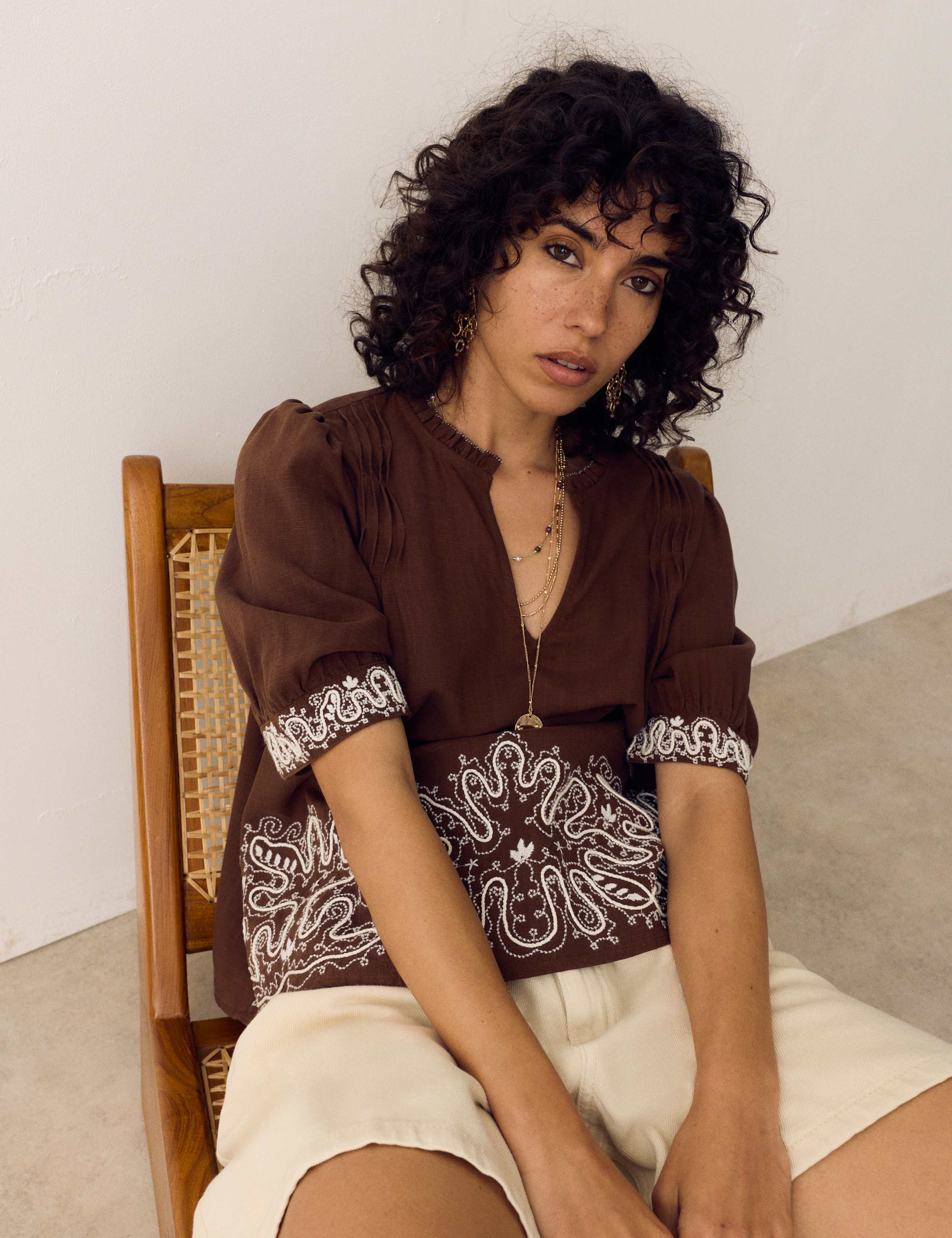 Lyocell Rich Embroidered Notch Neck Blouse