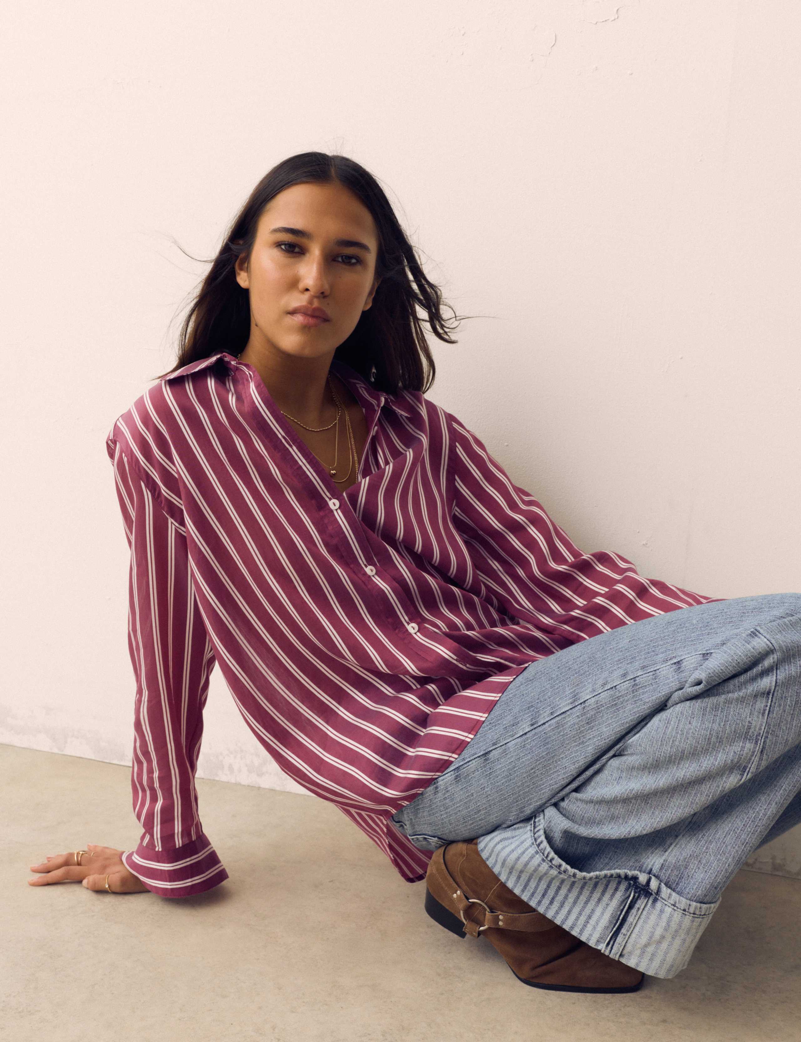 Lyocell Rich Striped Collared Relaxed Shirt