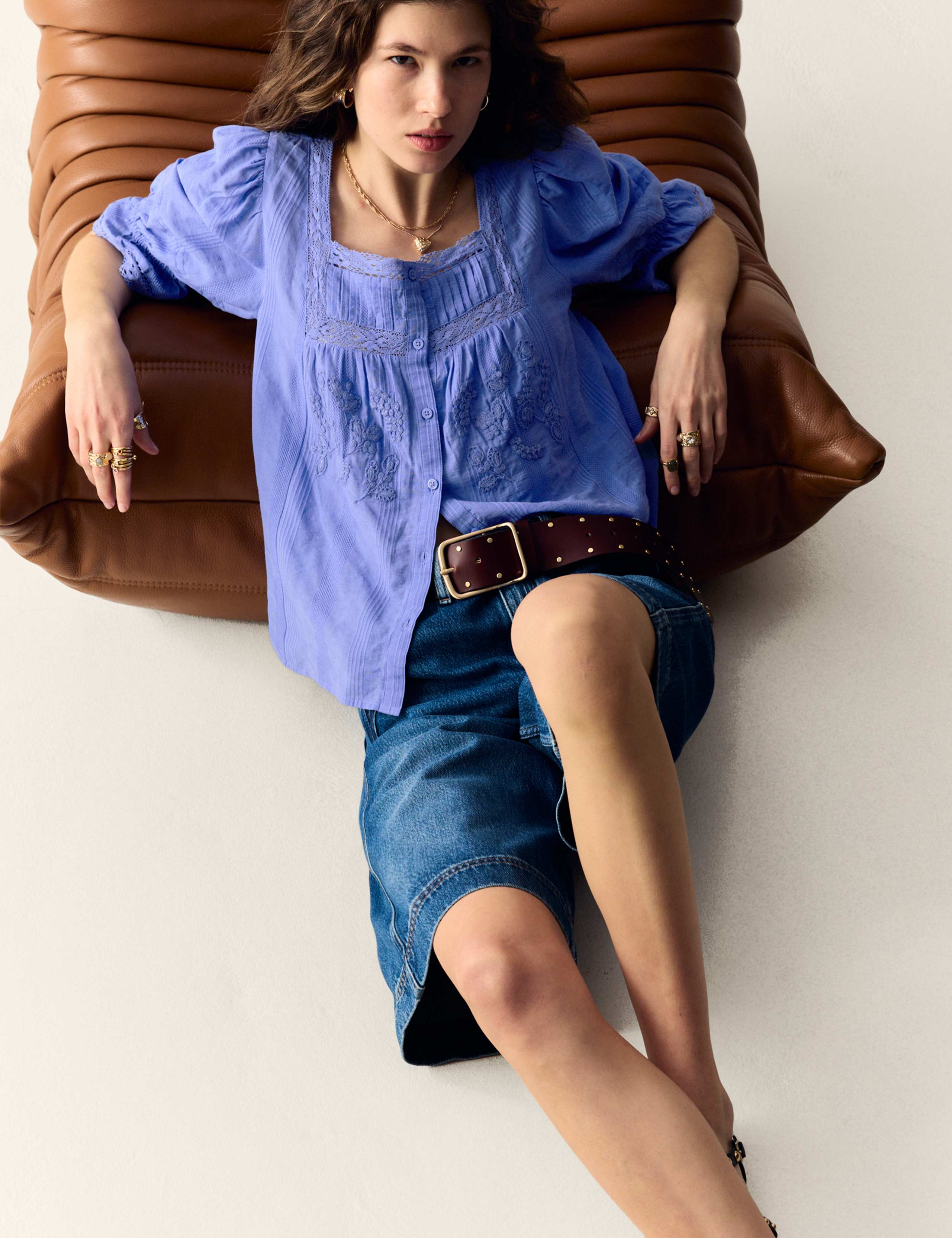 Cotton Rich Square Neck Lace Detail Puff Sleeve Blouse