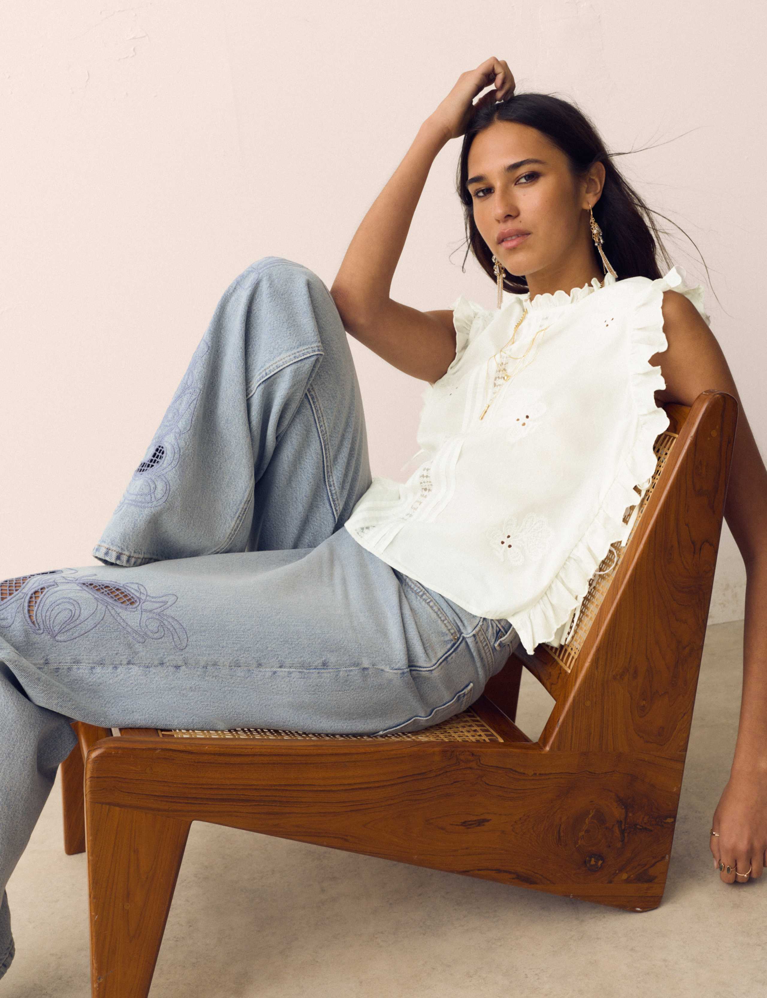 Pure Cotton Lace Insert Embroidered Top