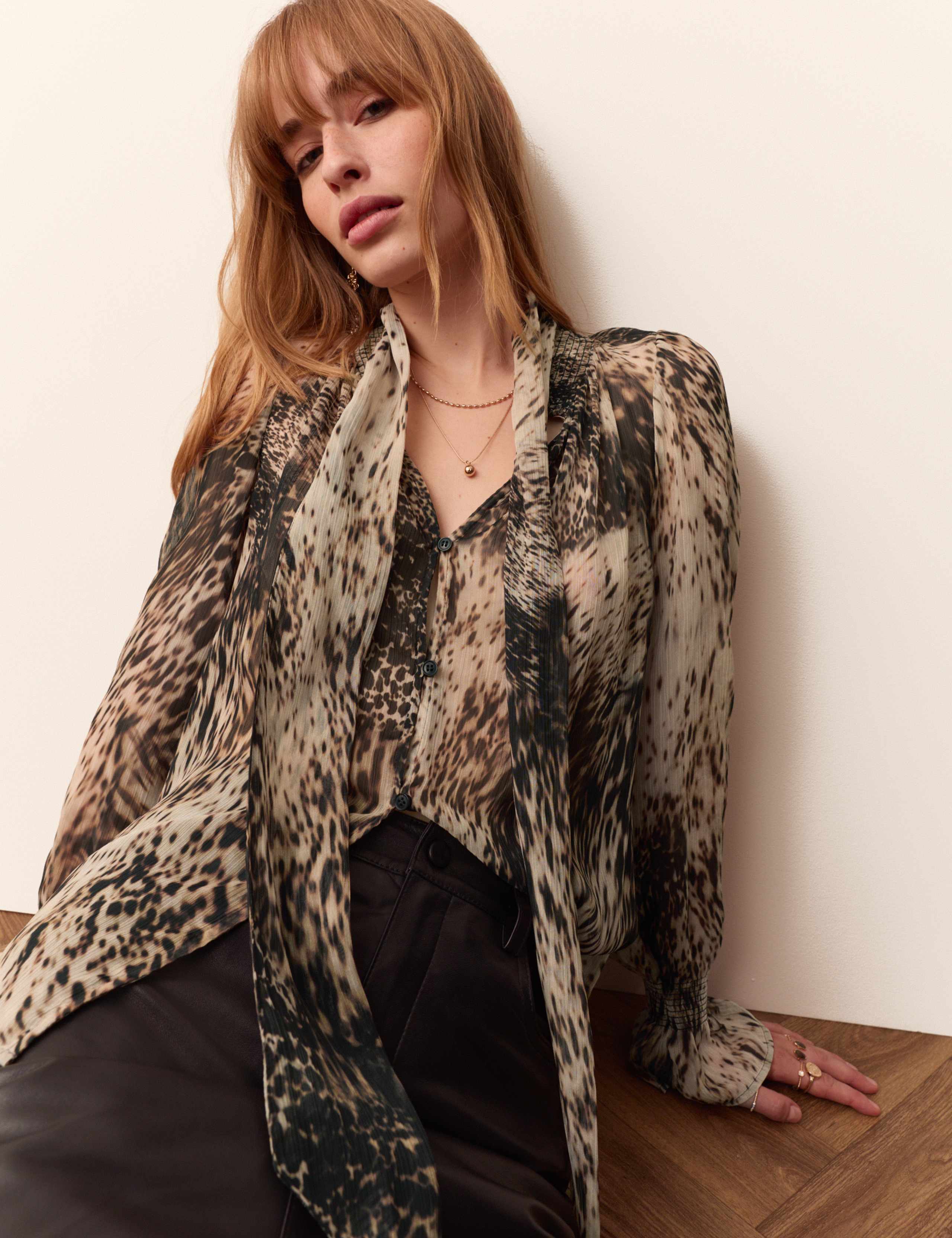 Animal Print Tie Neck Blouse