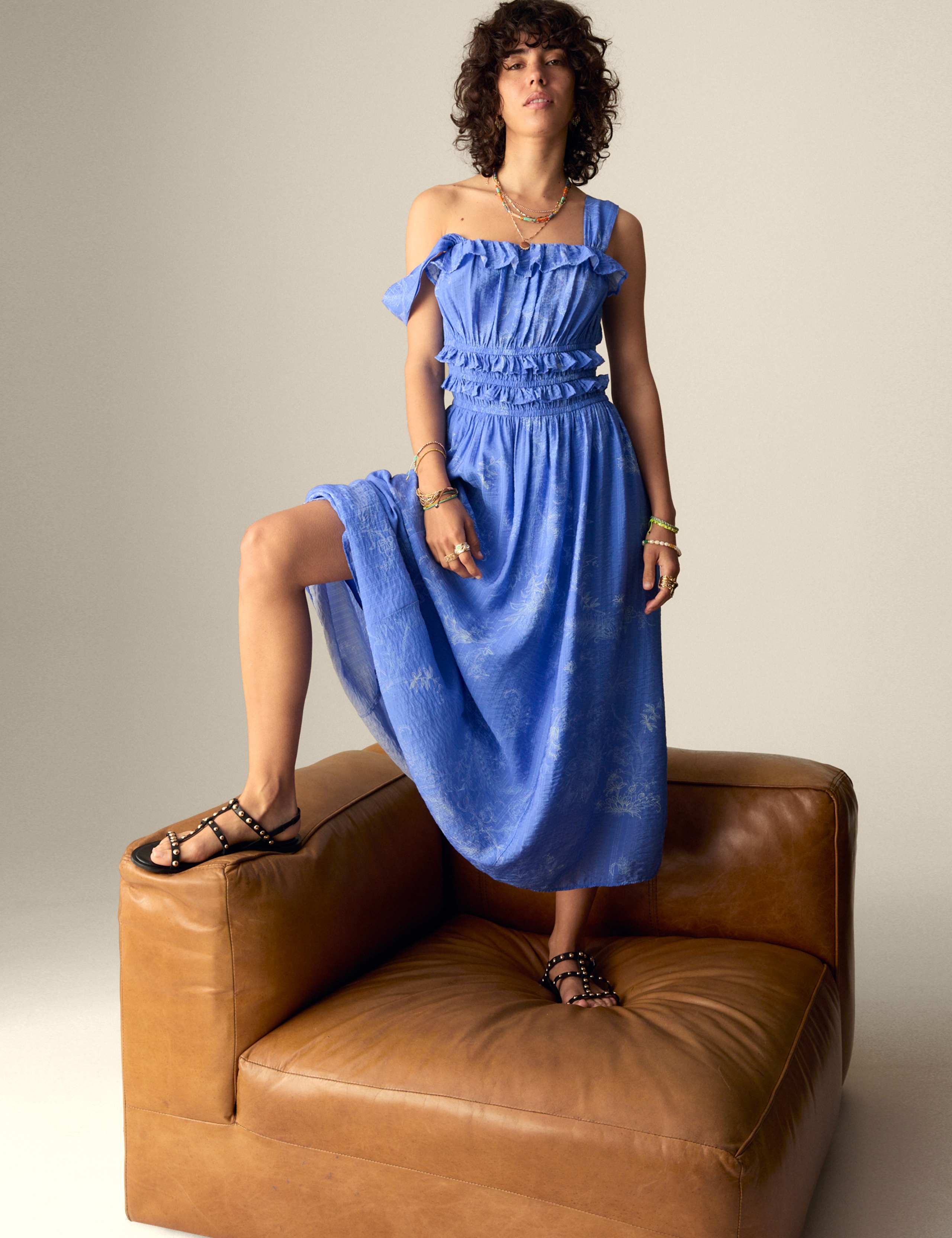 Printed Square Neck Ruffle Midi Shirred Dress
