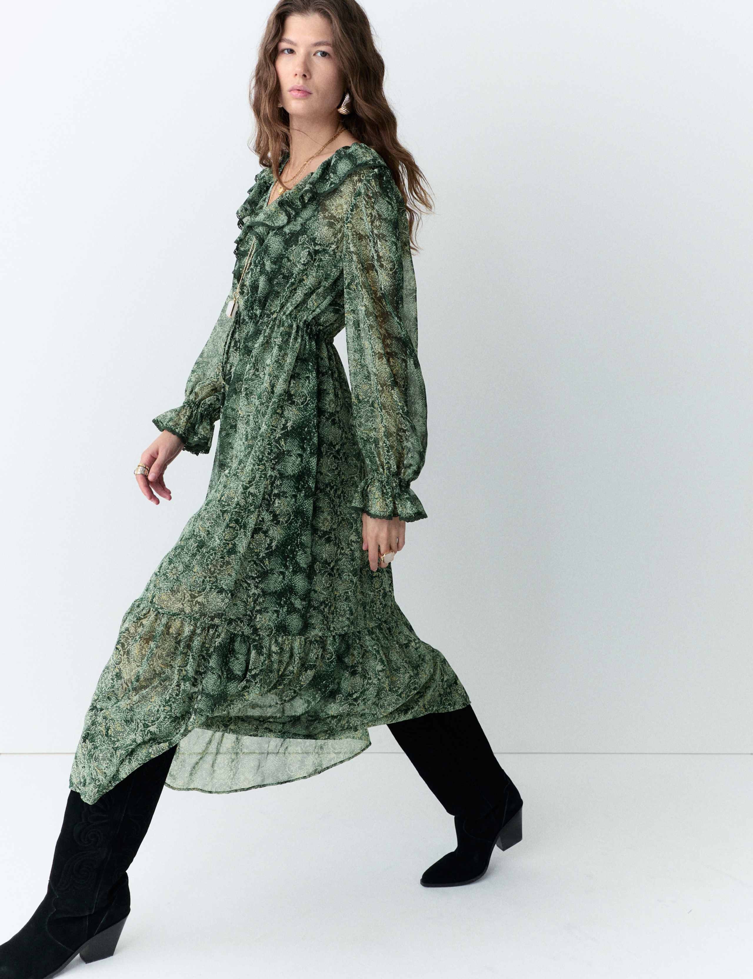 Snake Print V-Neck Frill Detail Midi Dress