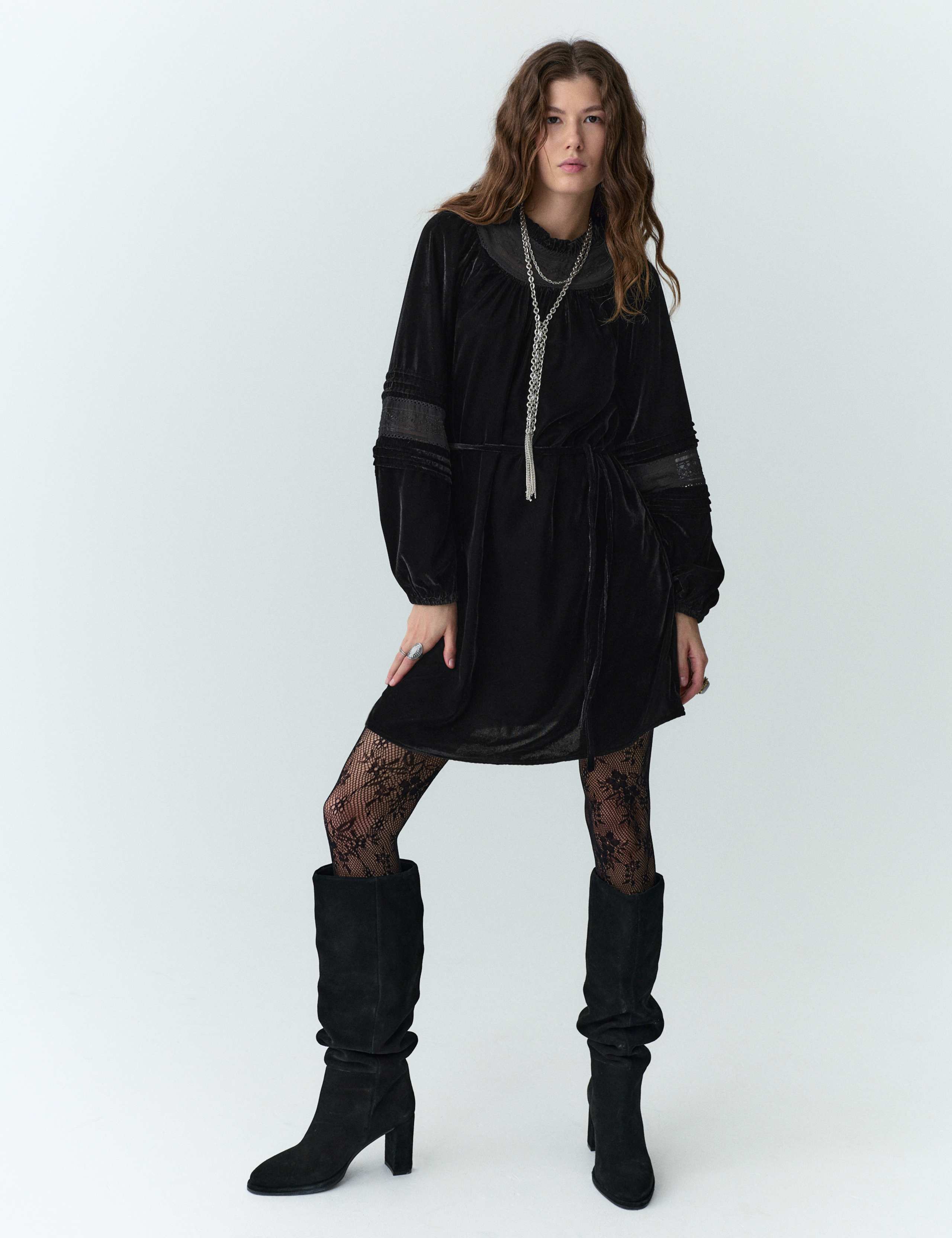 Velvet Embroidered Mini Swing Dress