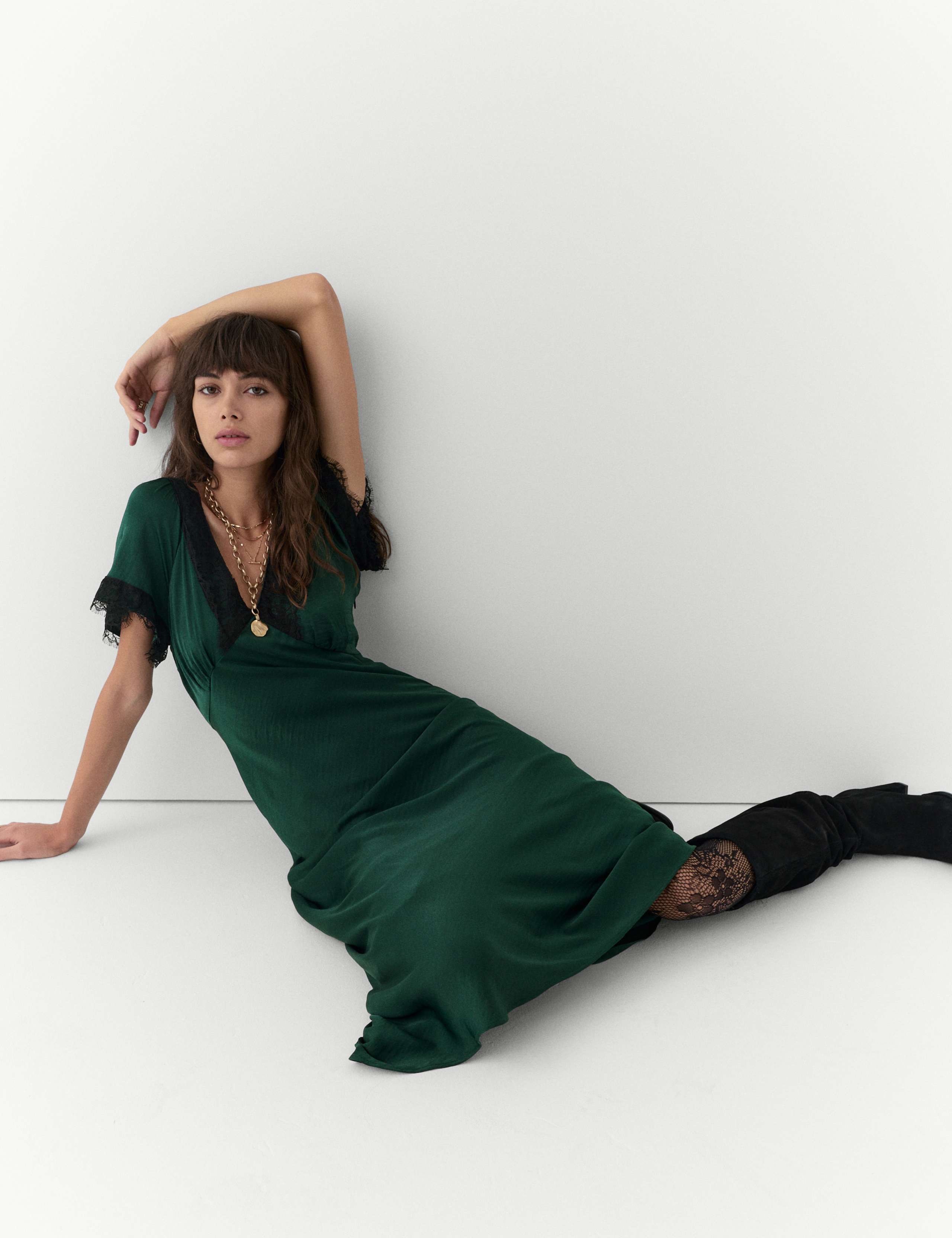 Satin Appliqué V-Neck Lace Trim Midi Dress