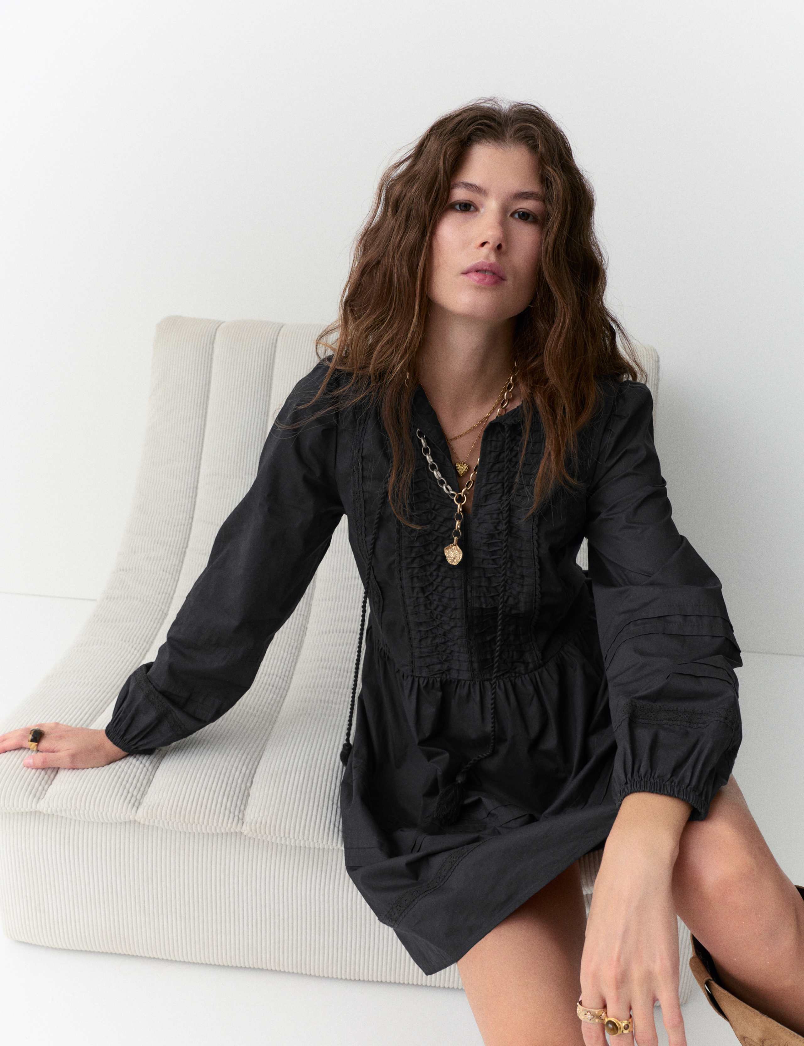 Pure Cotton Tie Neck Pleated Mini Dress