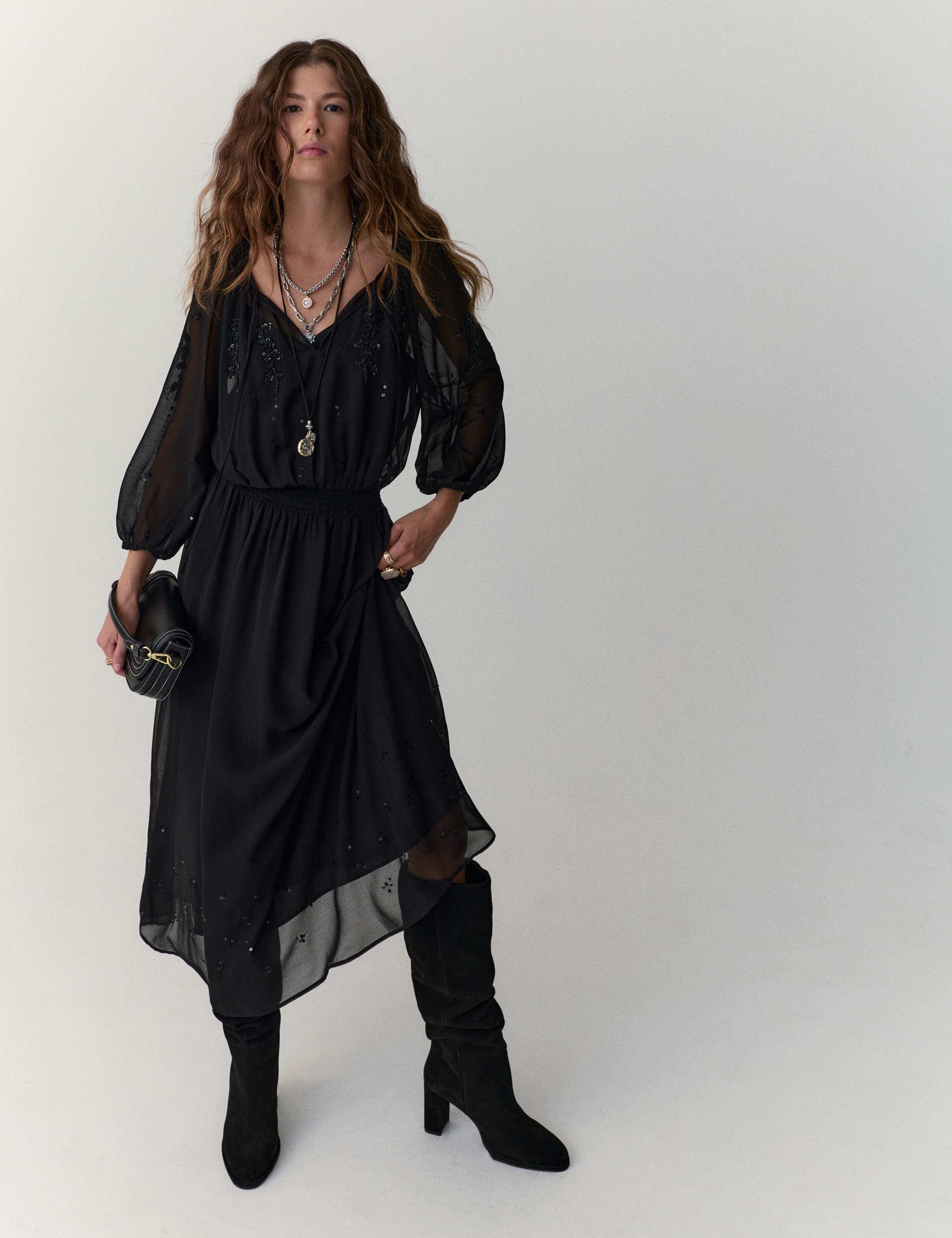 Embellished Tie-Neck Midi Waisted Dress
