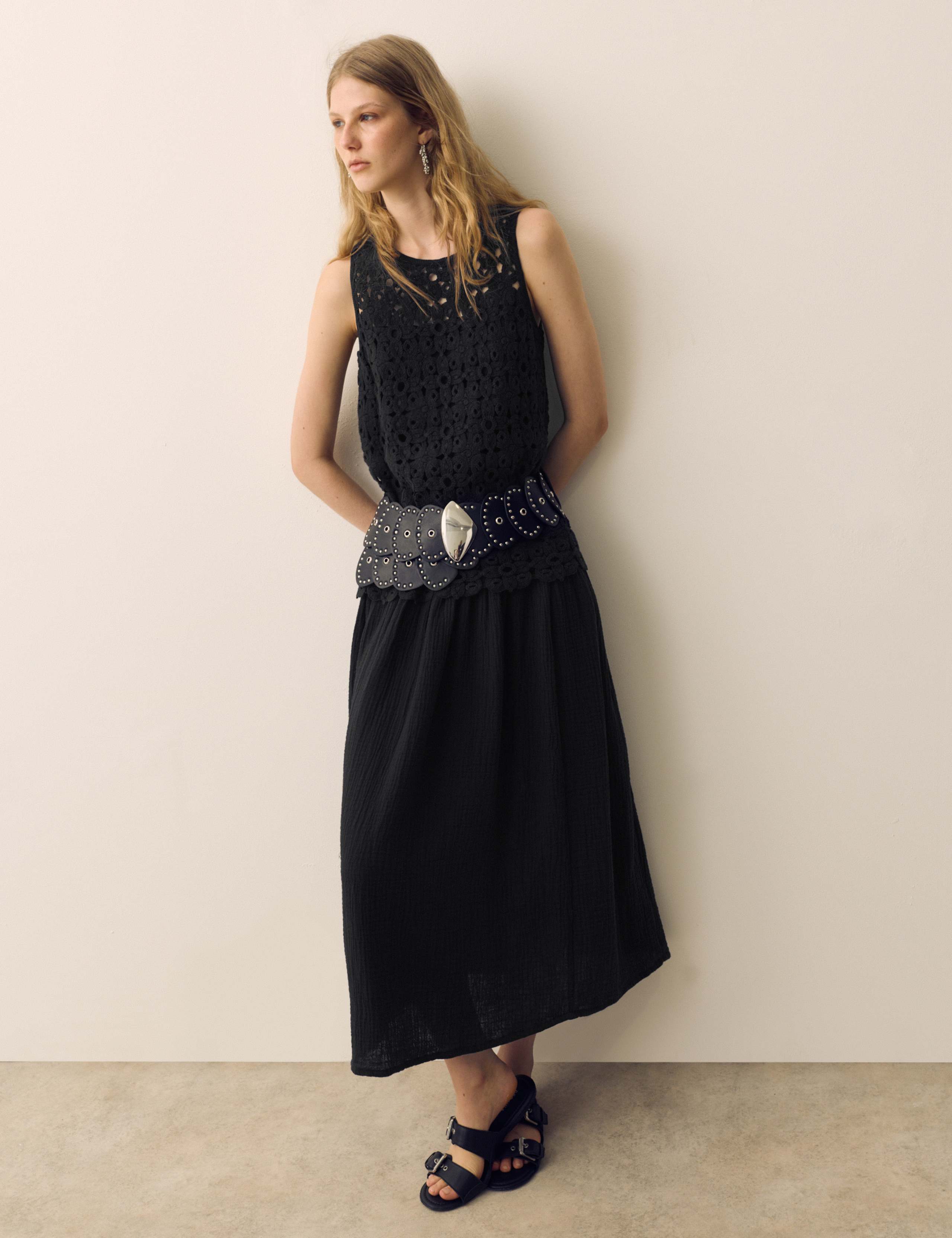 Pure Cotton Crochet Style Double Cloth Mix Midi Dress