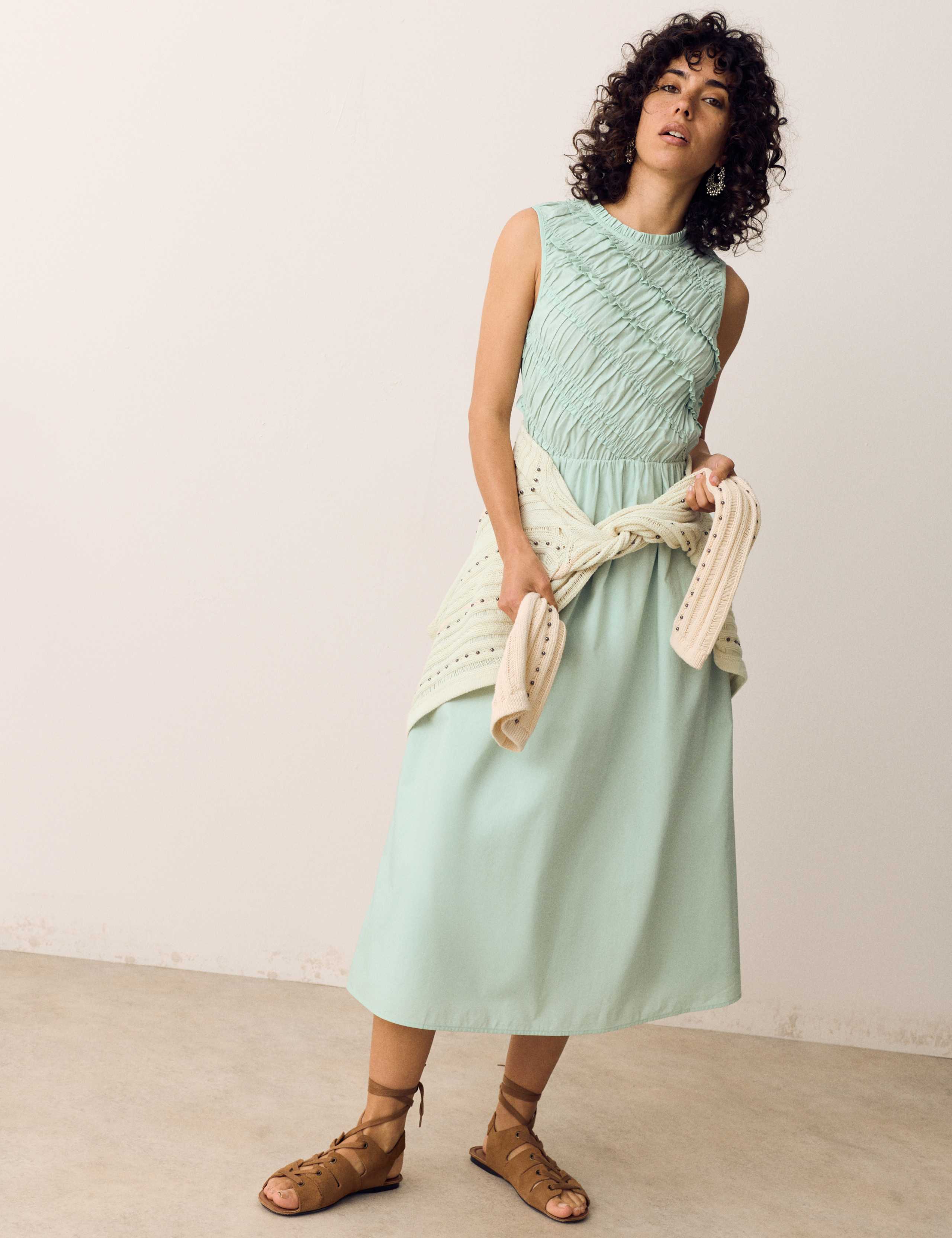 Pure Cotton Shirred Sleeveless Midi Dress