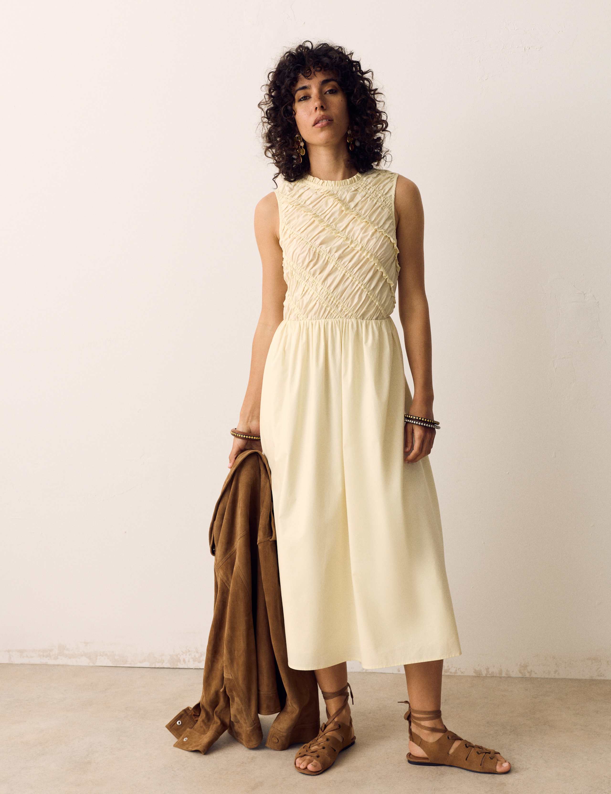 Pure Cotton Shirred Sleeveless Midi Dress