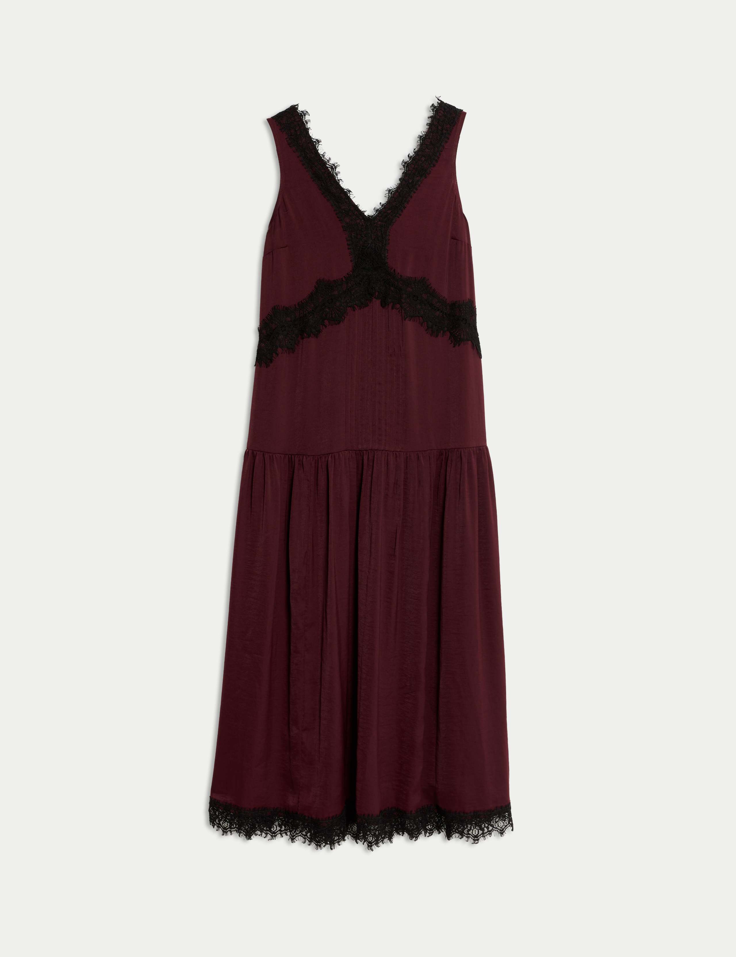 V-Neck Lace Insert Midi Waisted Dress