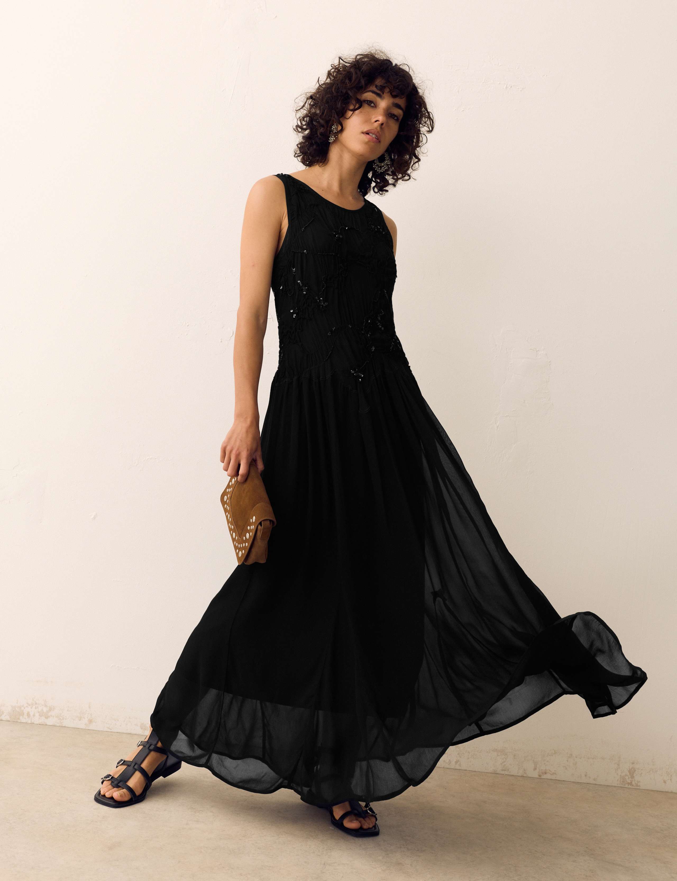 Embellished Ruched Midi Dress