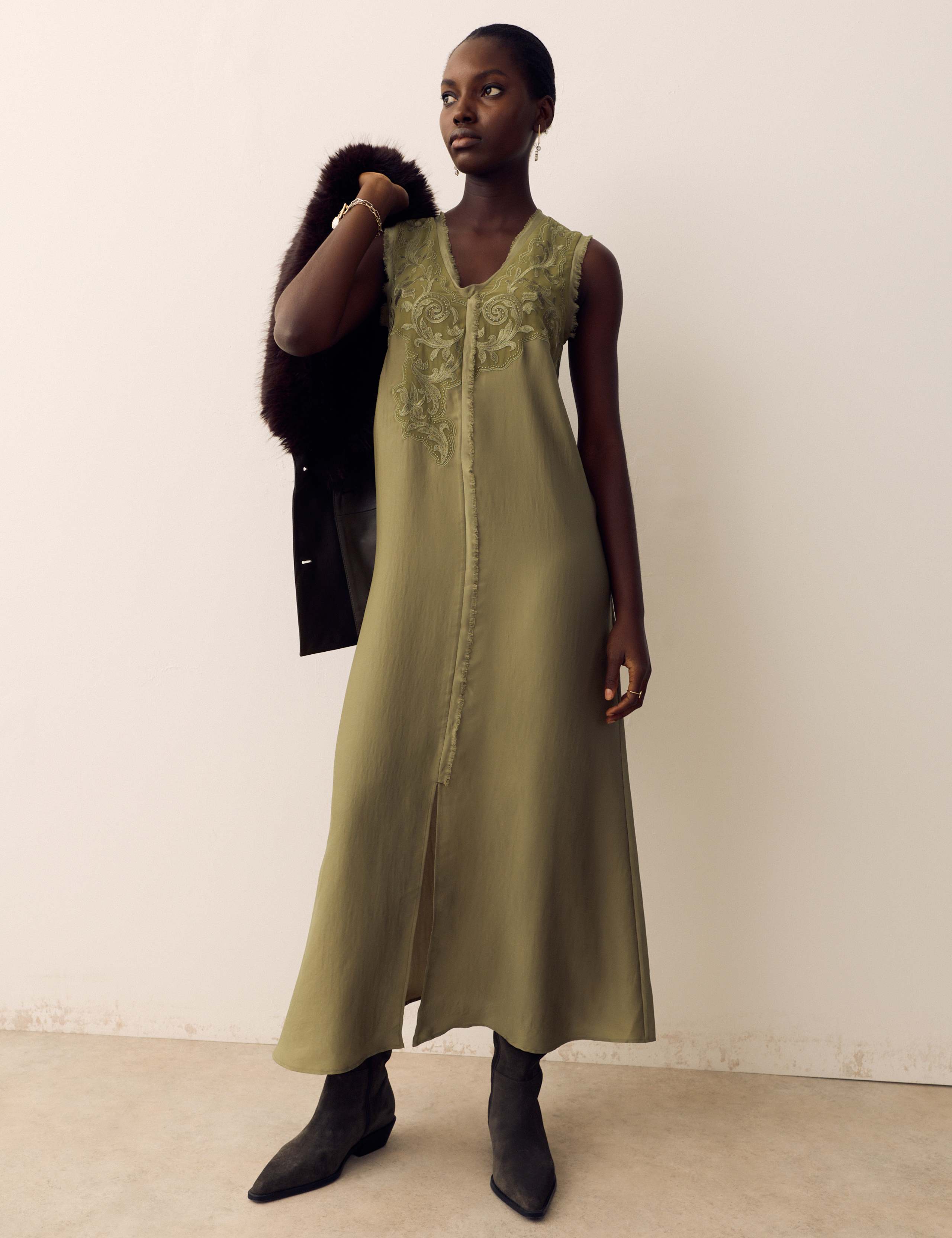 Satin Embroidered Midi Slip Dress