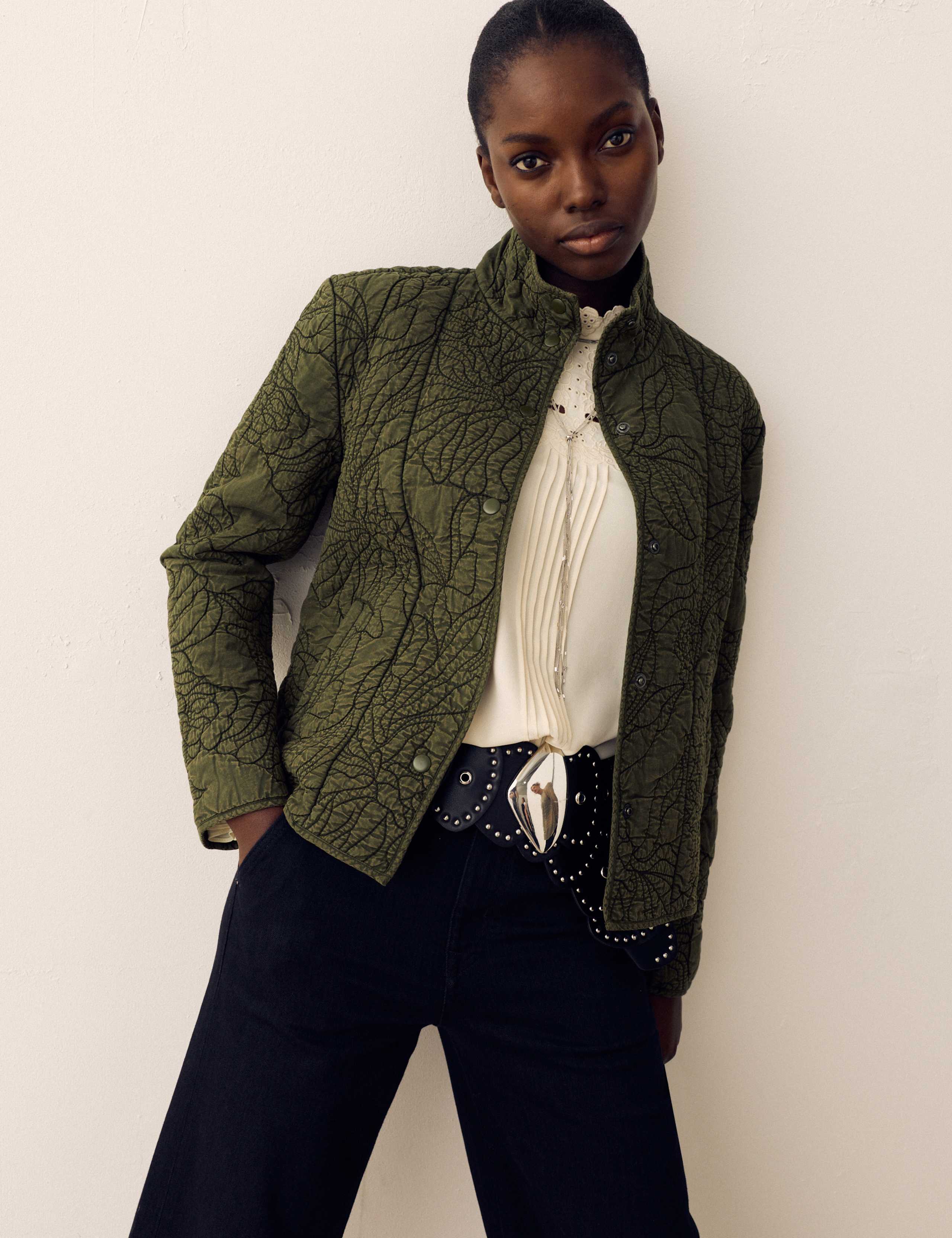 Embroidered Quilted Funnel Neck Jacket