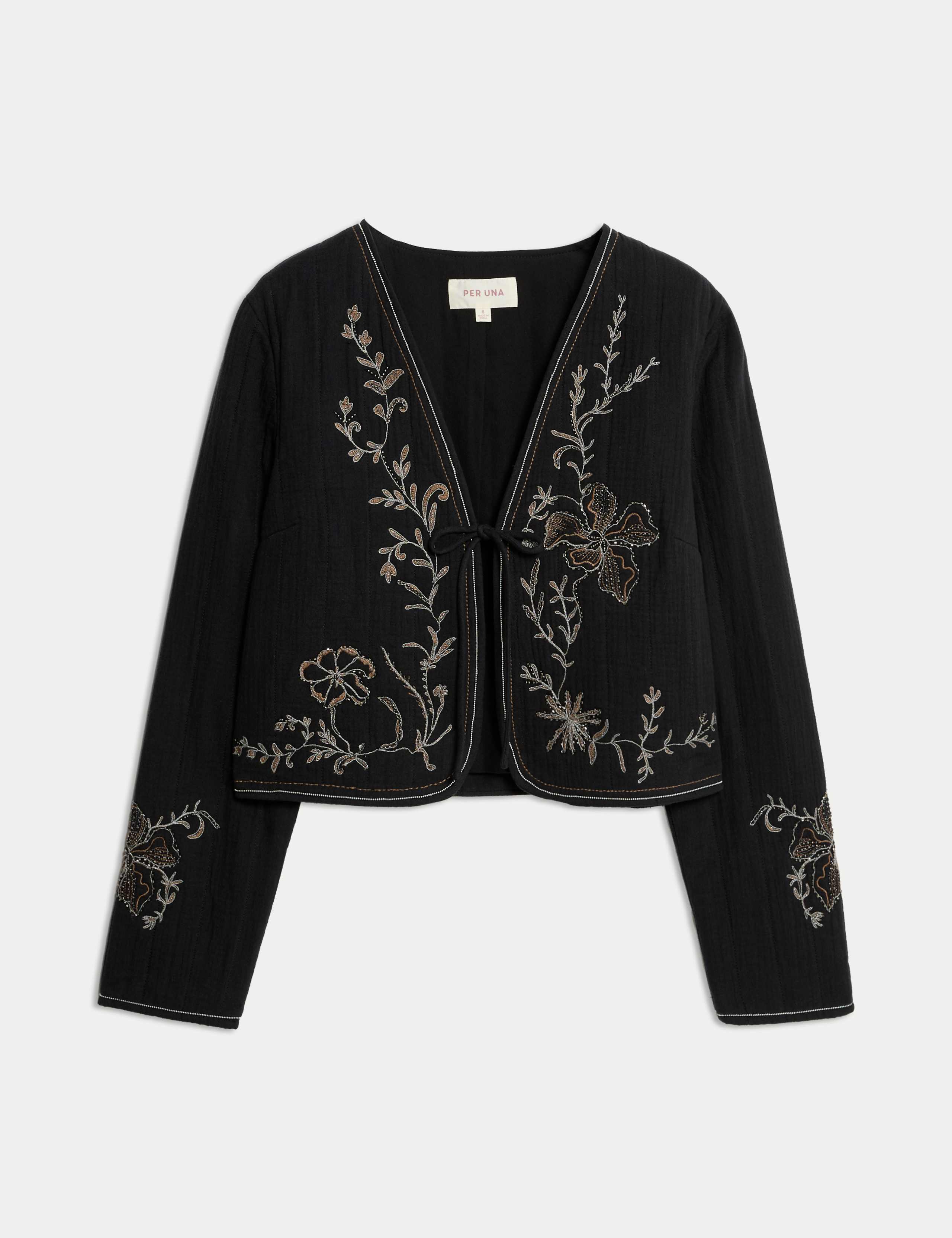 Pure Cotton Embellished Tie Front Jacket