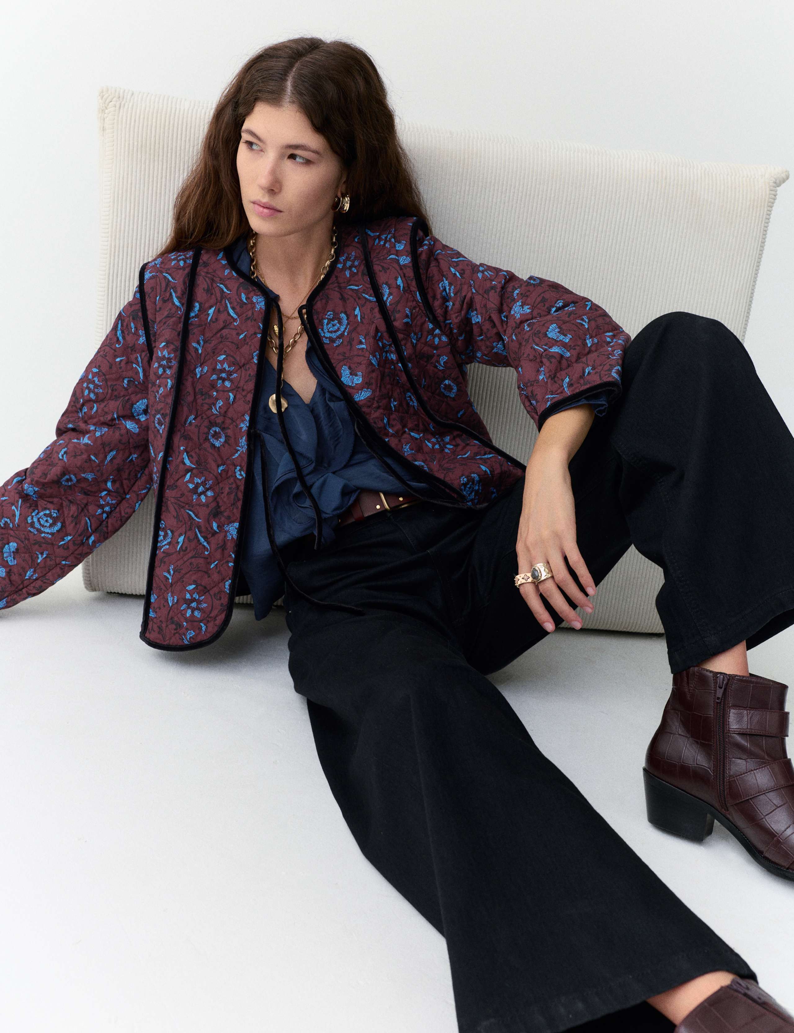 Pure Cotton Printed Quilted Tie Front Jacket