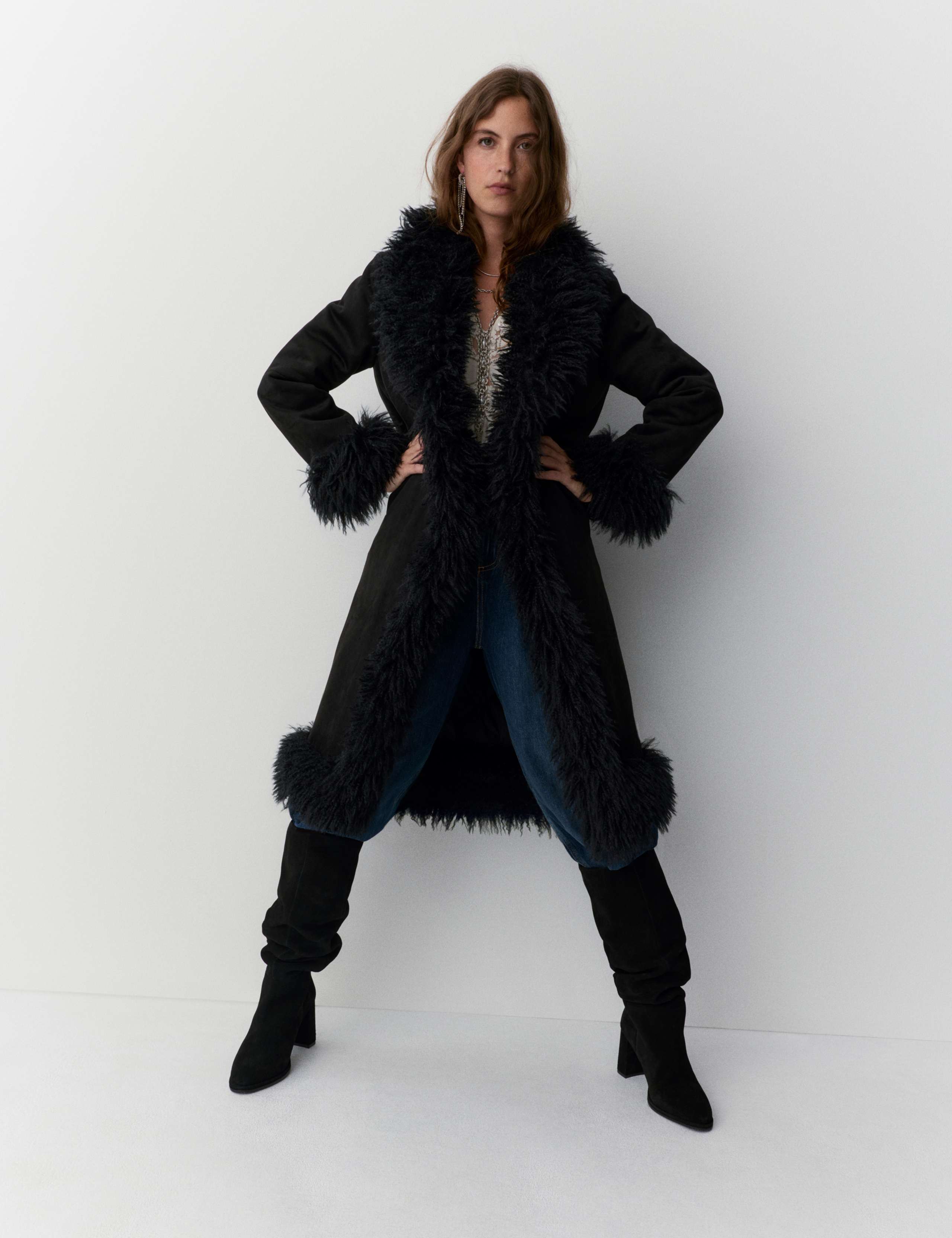 Faux Fur Trim Longline Coat