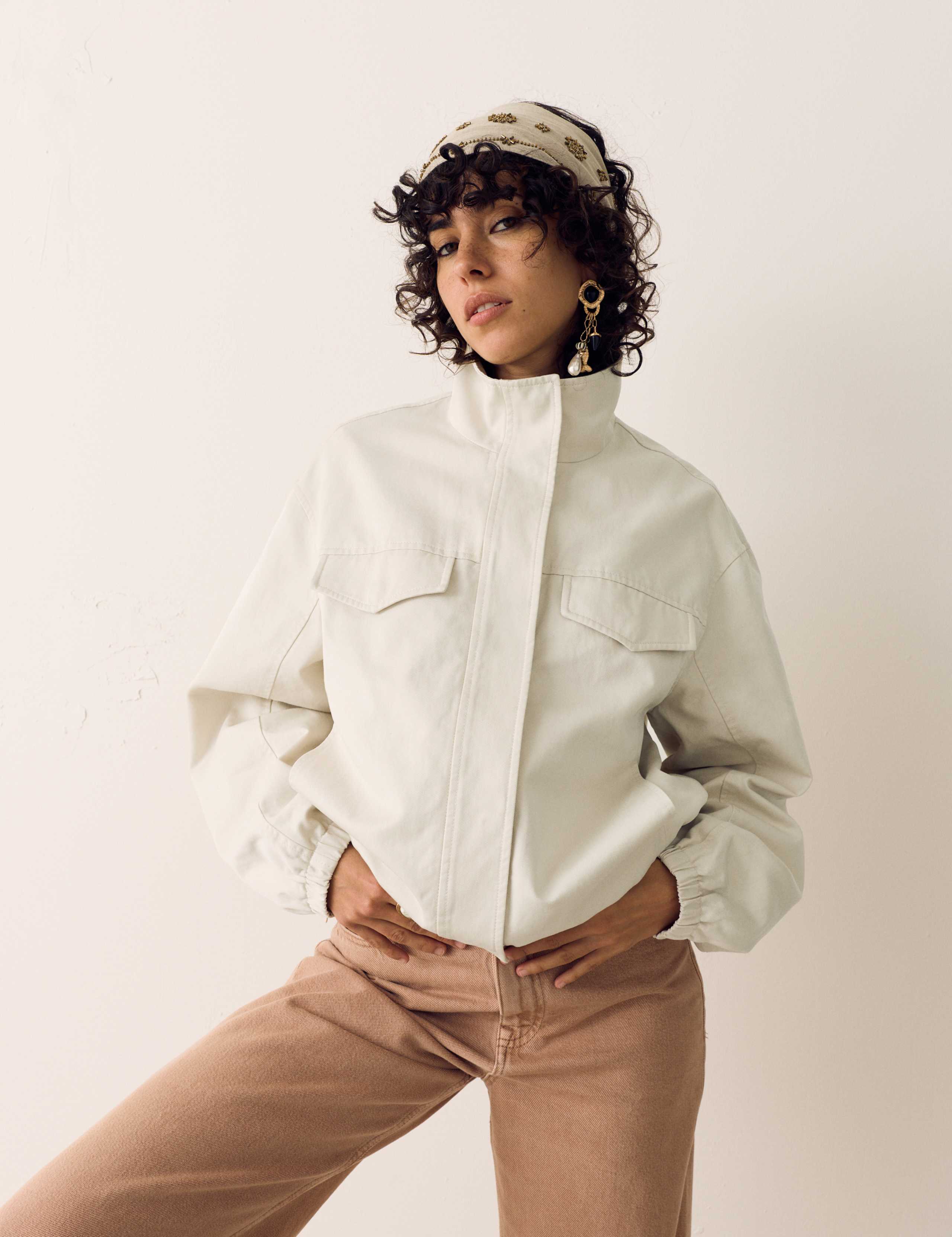 Cotton Blend Twill Cropped Utility Jacket