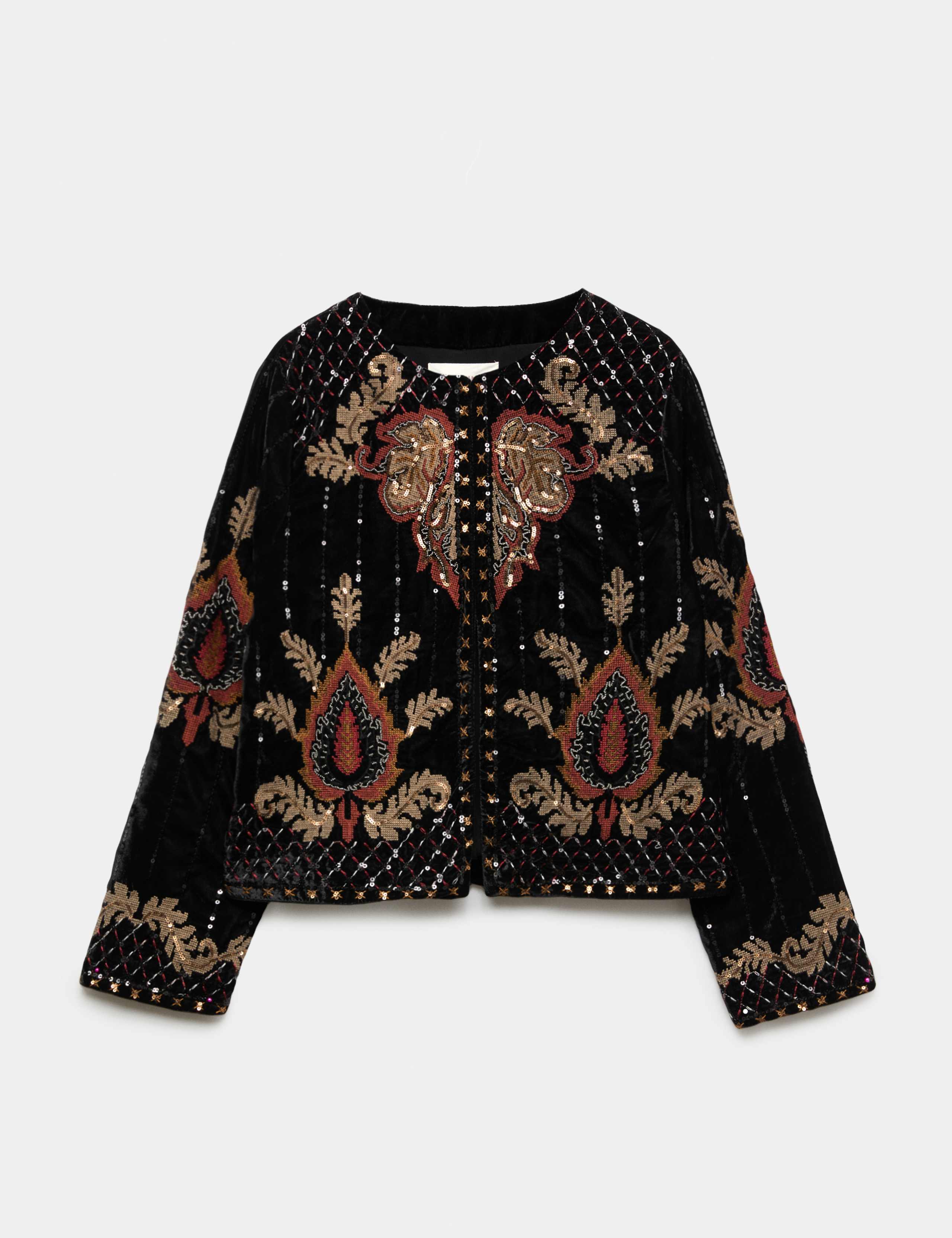 Velvet Embellished Crew Neck Short Jacket