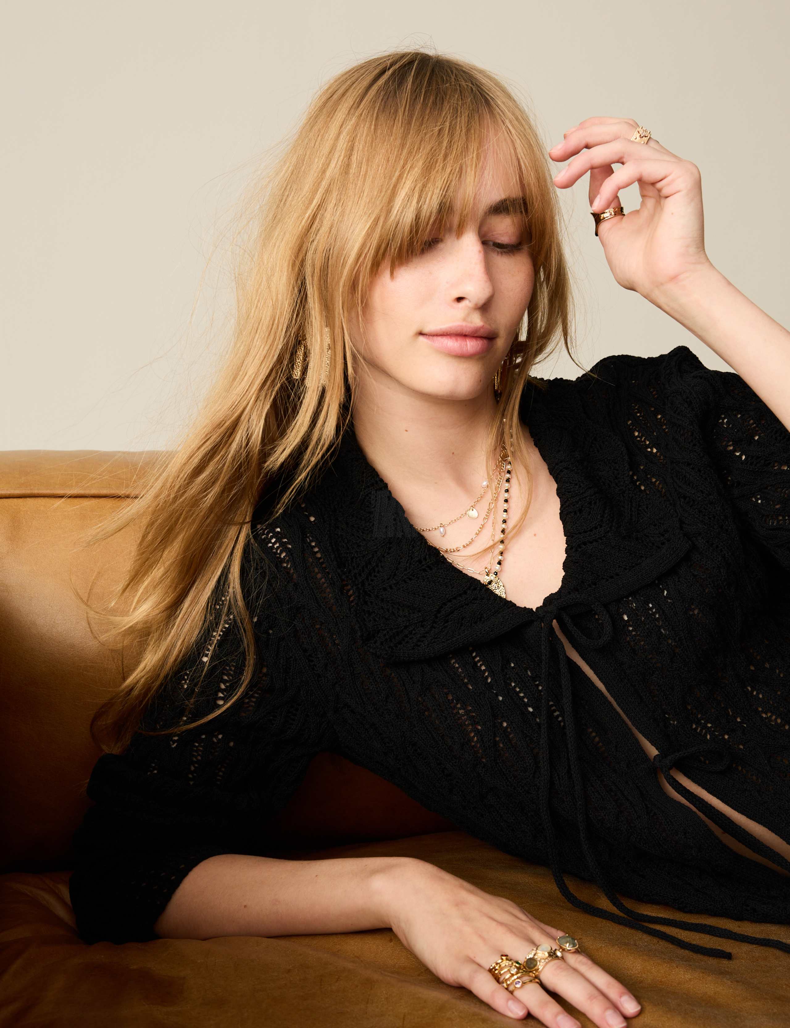 Textured Ruffle Collared Tie Front Cardigan