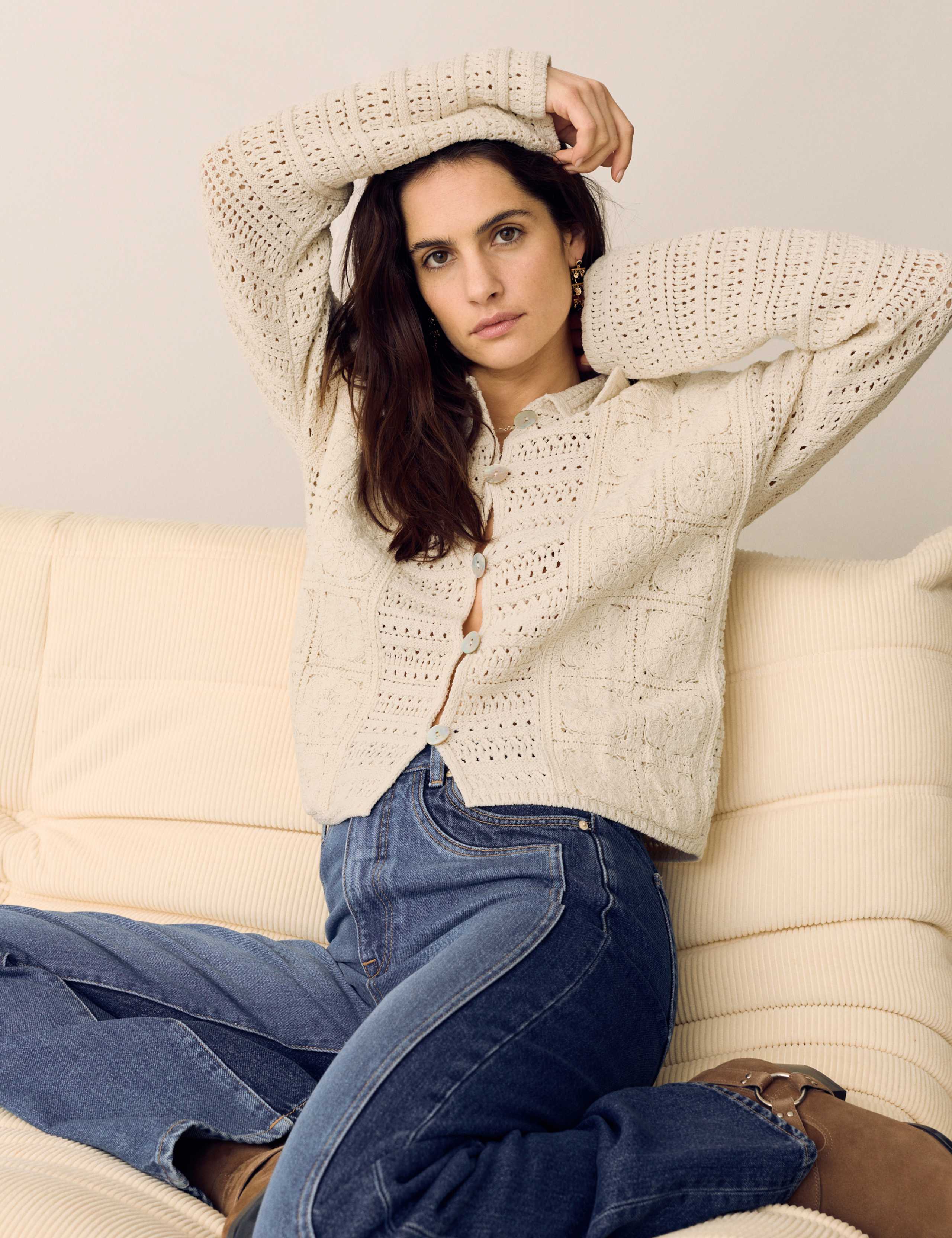 Cotton Blend Crochet Look Collared Cardigan