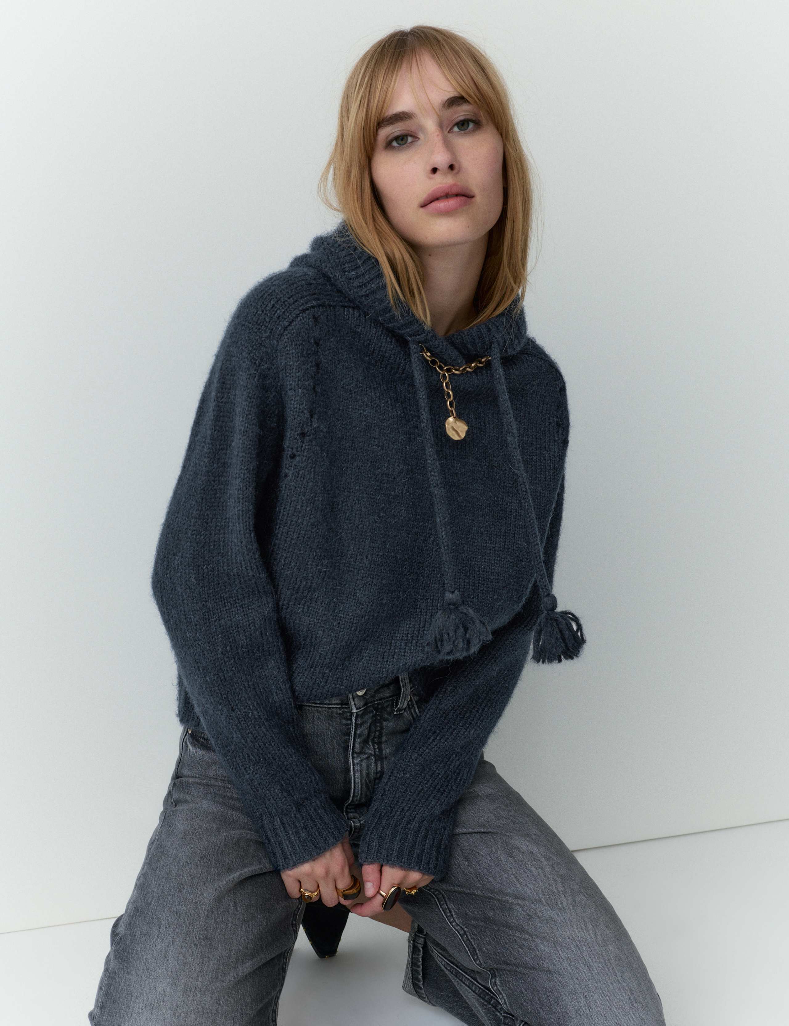 Textured Hoodie with Alpaca