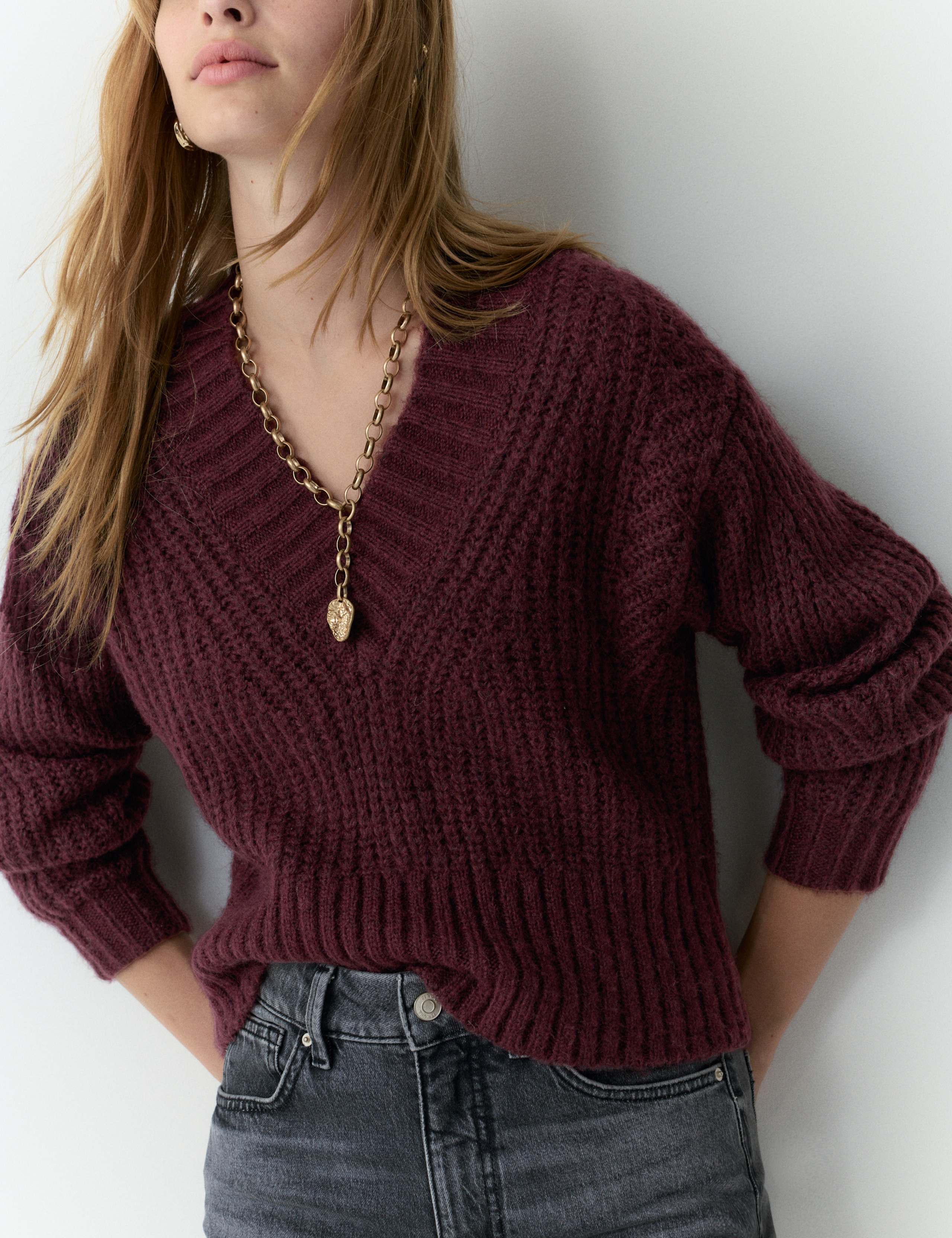 Ribbed V-Neck Puff Sleeve Jumper with Wool