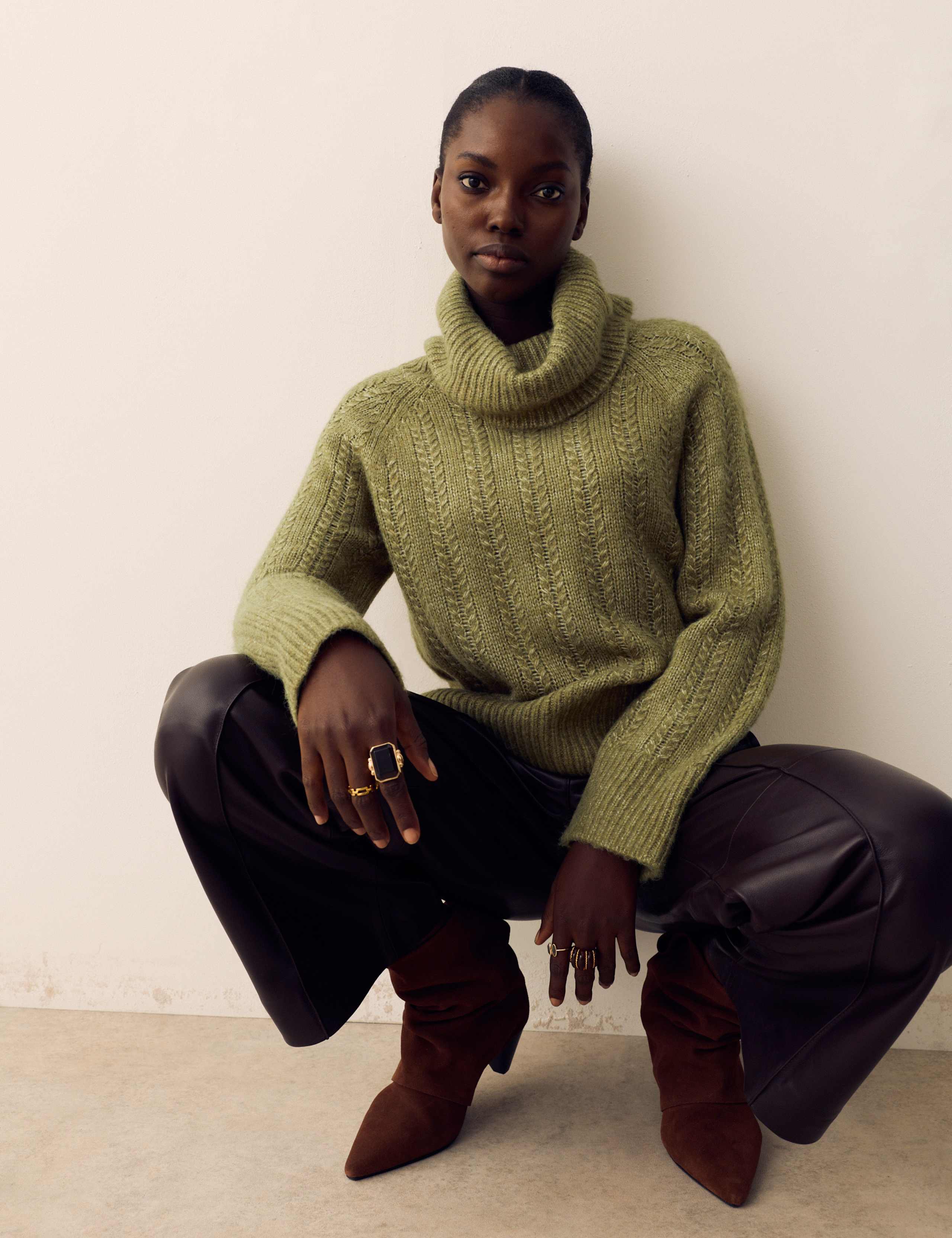Pointelle Roll Neck Jumper with Wool