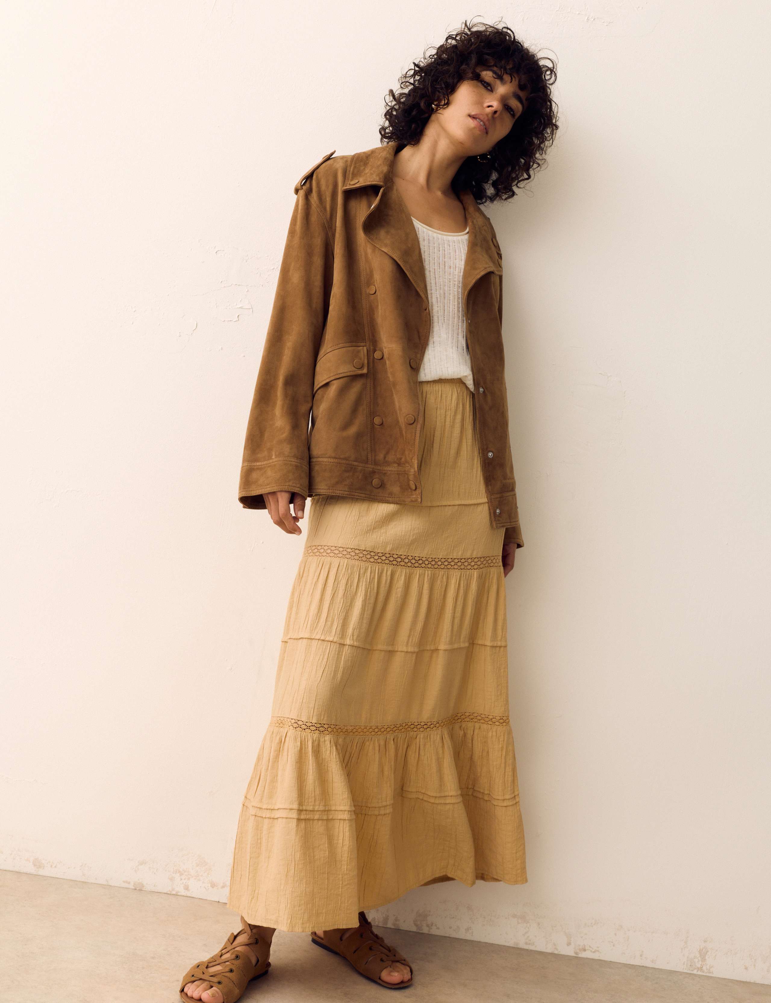 Lace Detail Pintuck Maxi Tiered Skirt