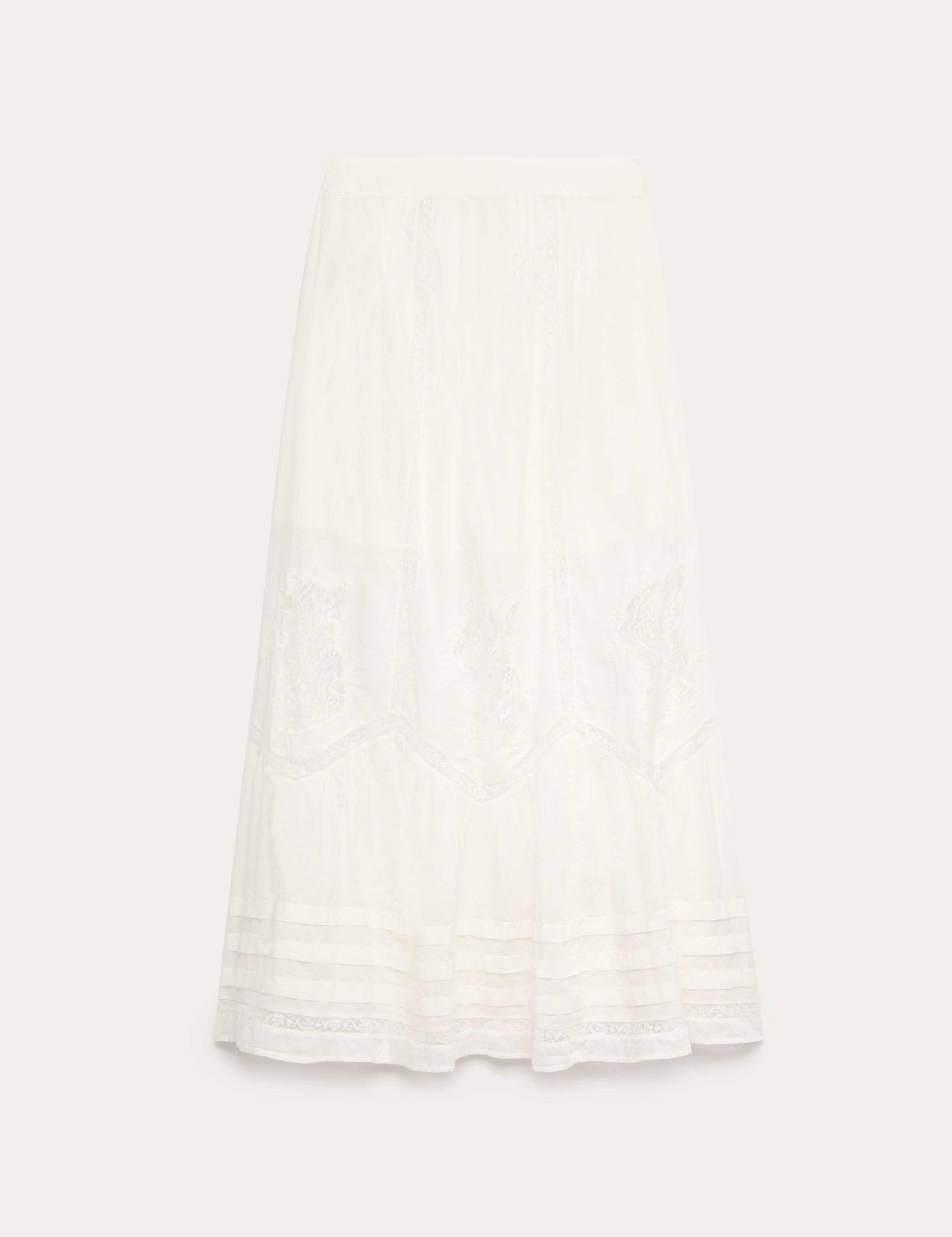 Pure Cotton Pintuck Lace Maxi A-Line Skirt