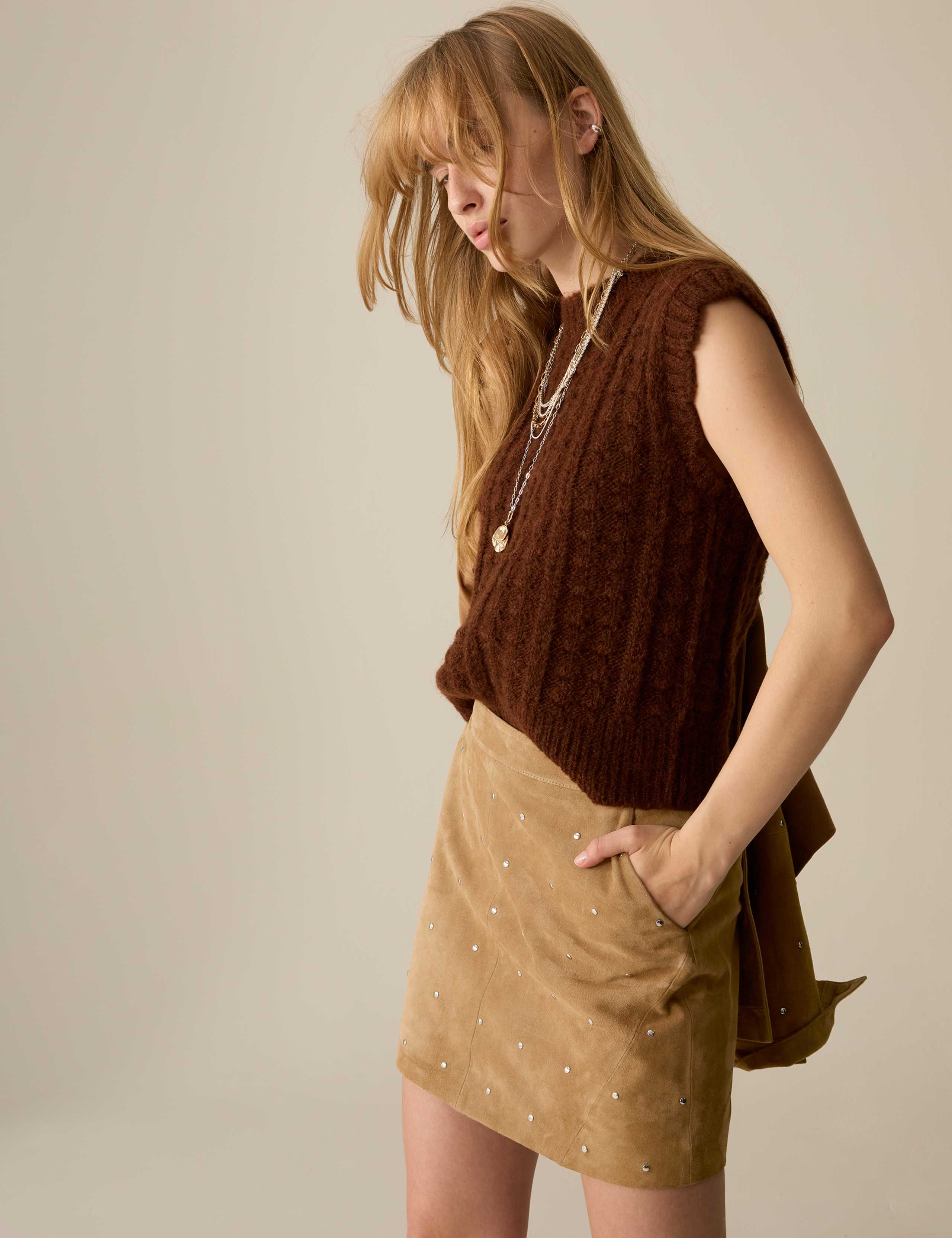Suede Embellished Studded Mini Skirt