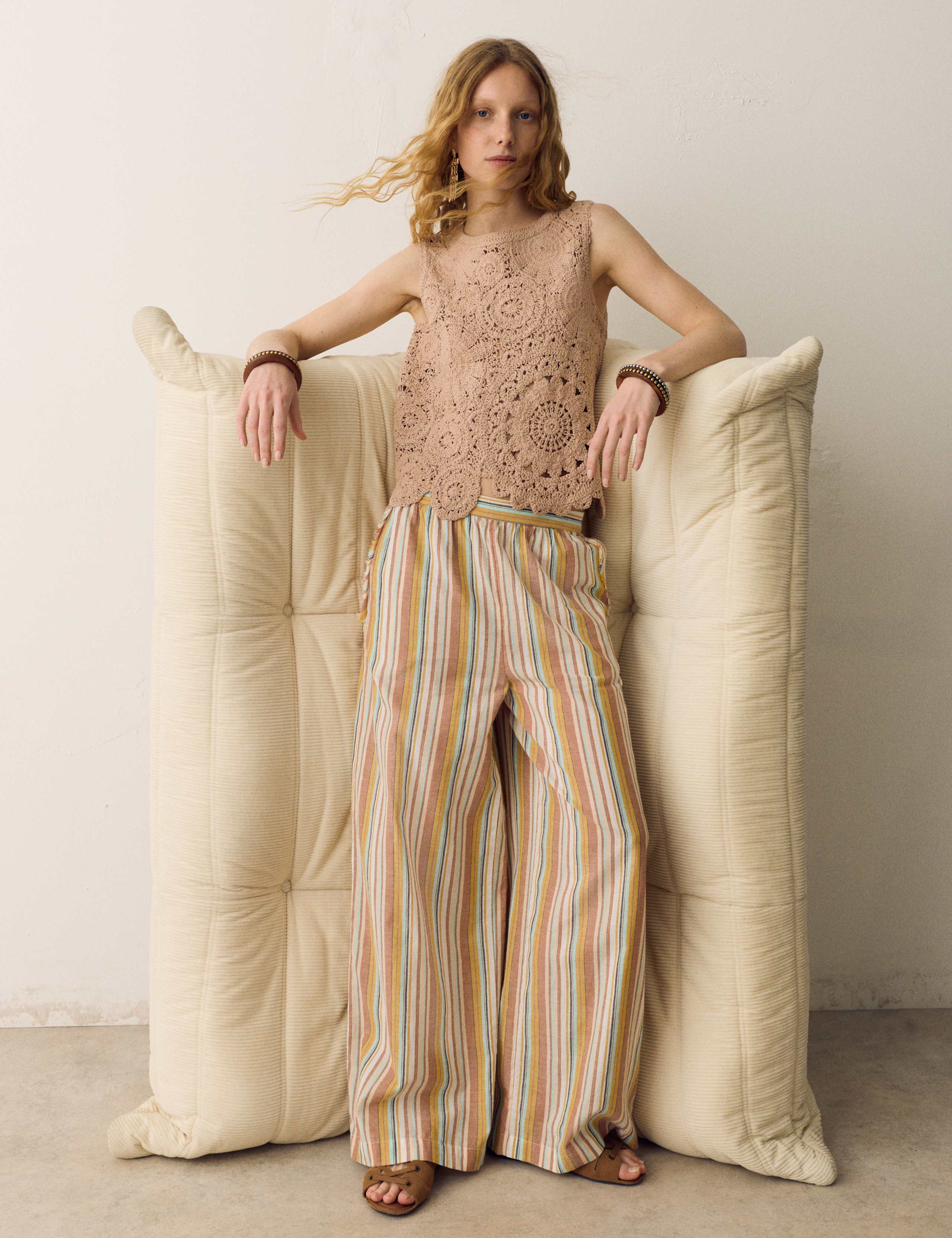 Pure Cotton Striped Wide Leg Trousers