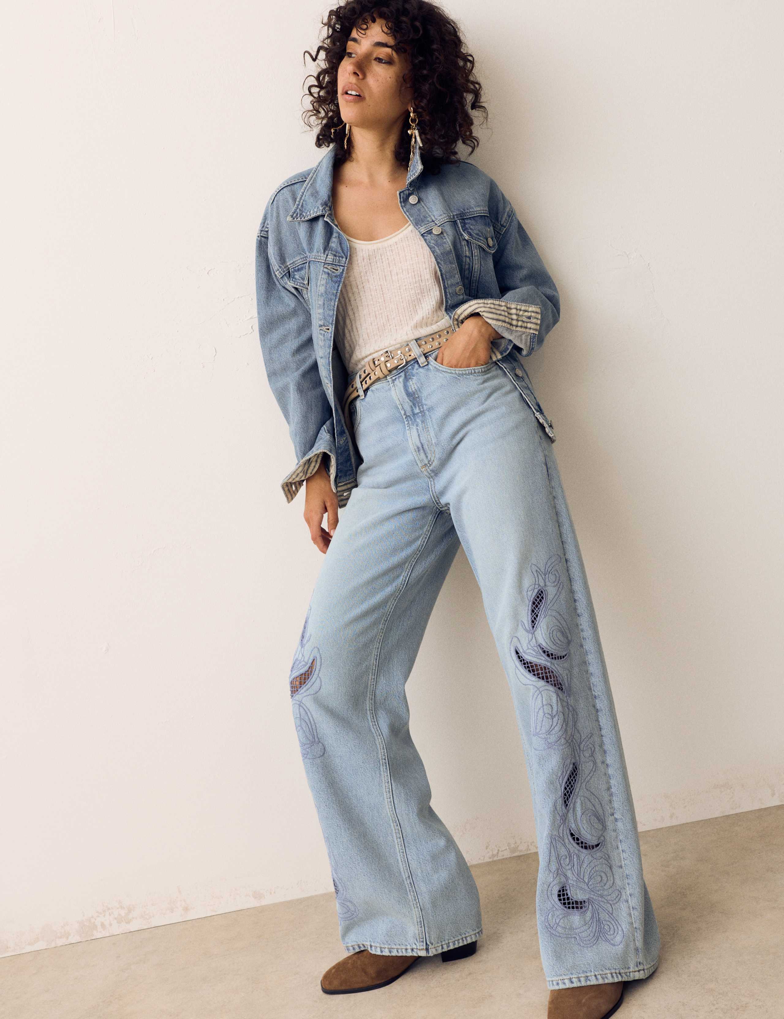 Pure Cotton Embroidered Cutwork High Waisted Wide Leg Jeans