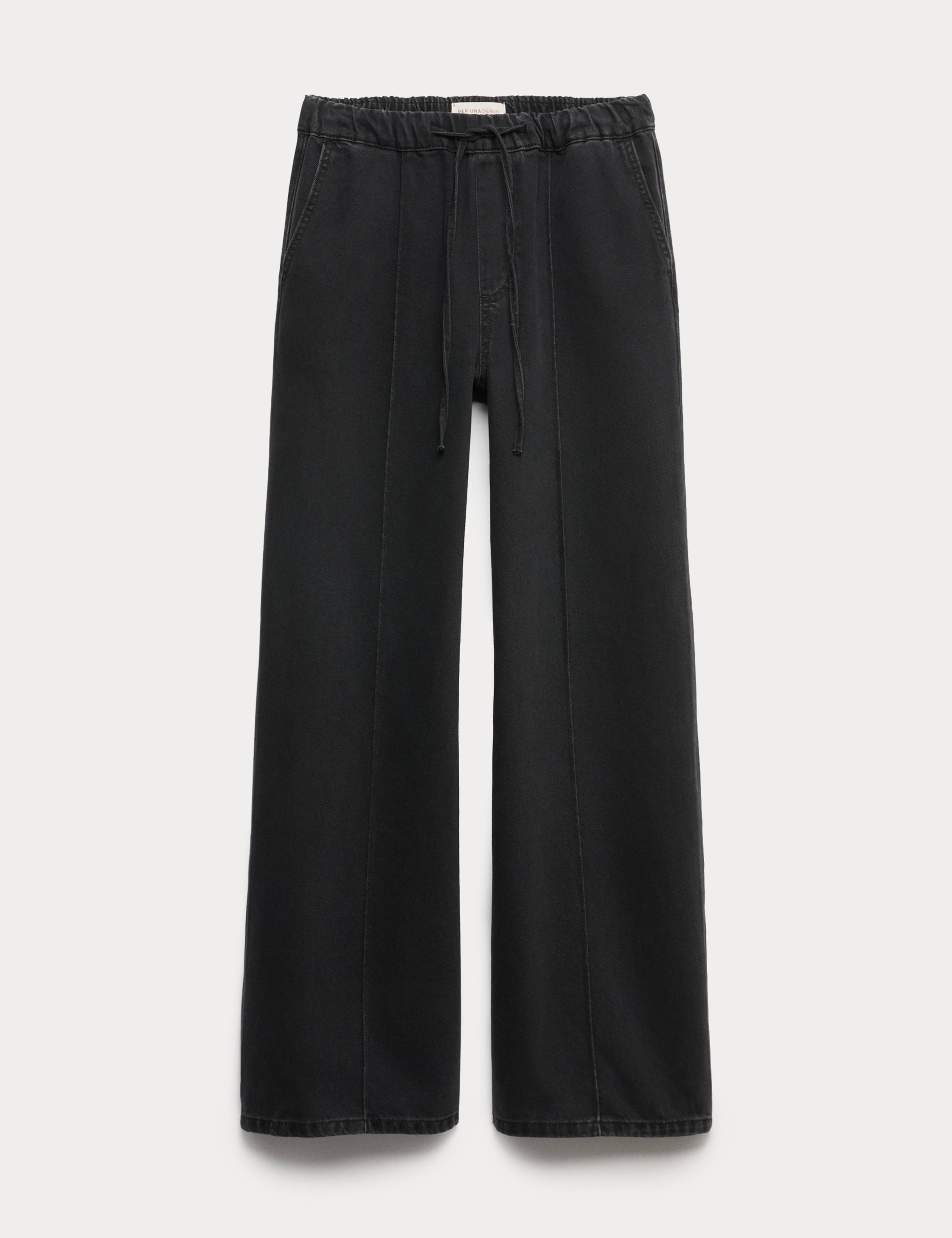 Lyocell Blend Pintuck Wide Leg Jeans