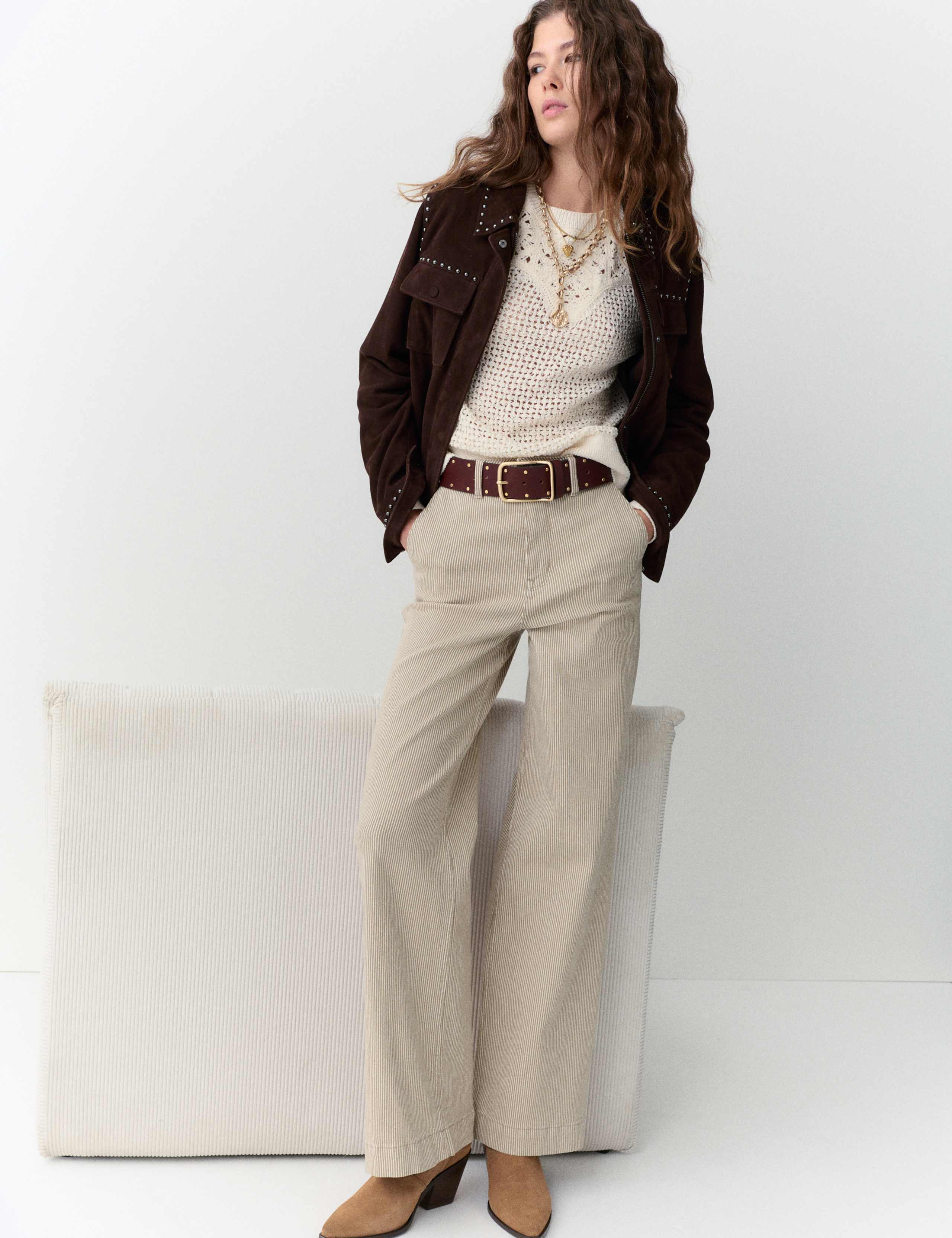 Cotton Rich High Waisted Striped Wide Leg Jeans