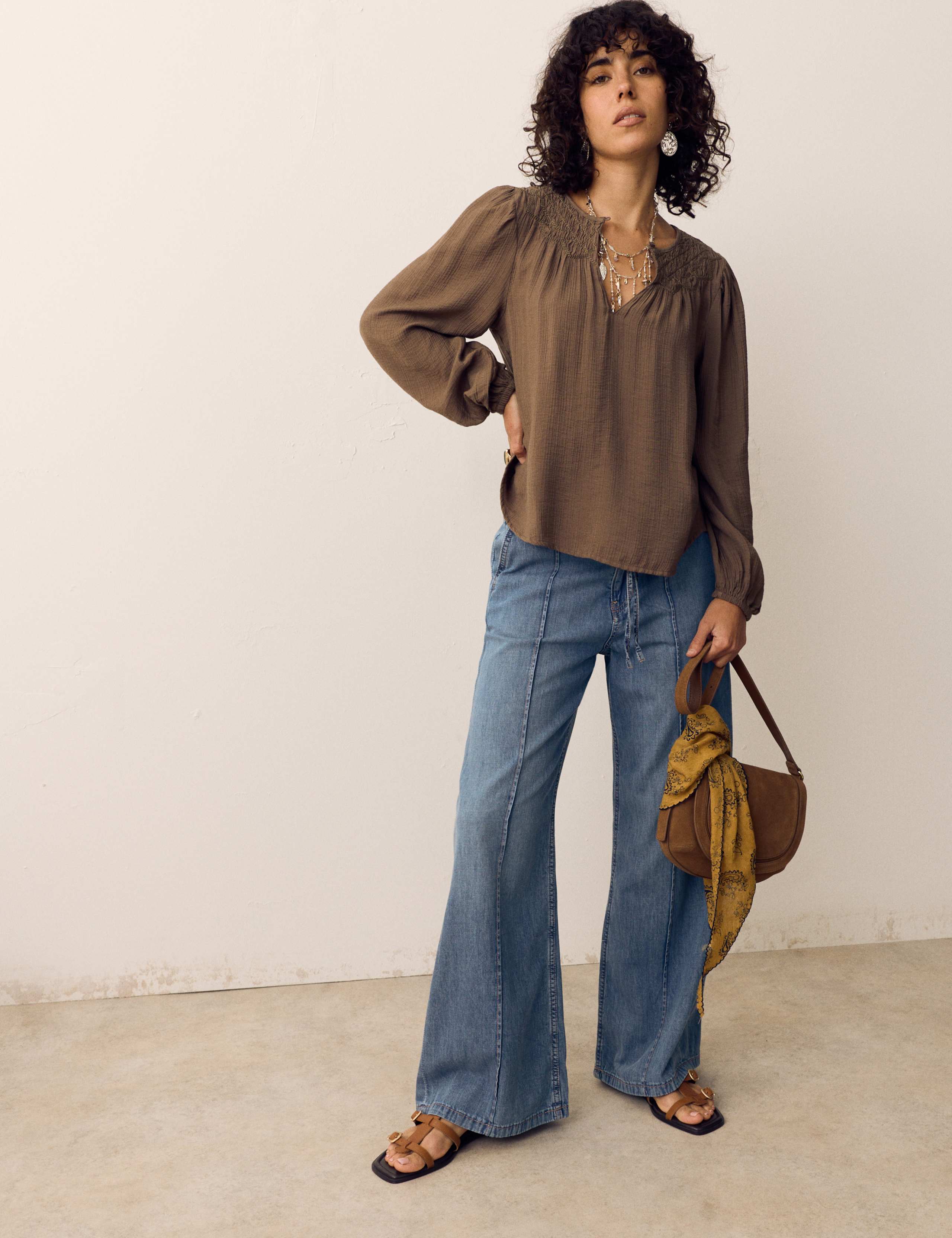 Denim Pintuck Wide Leg Jeans