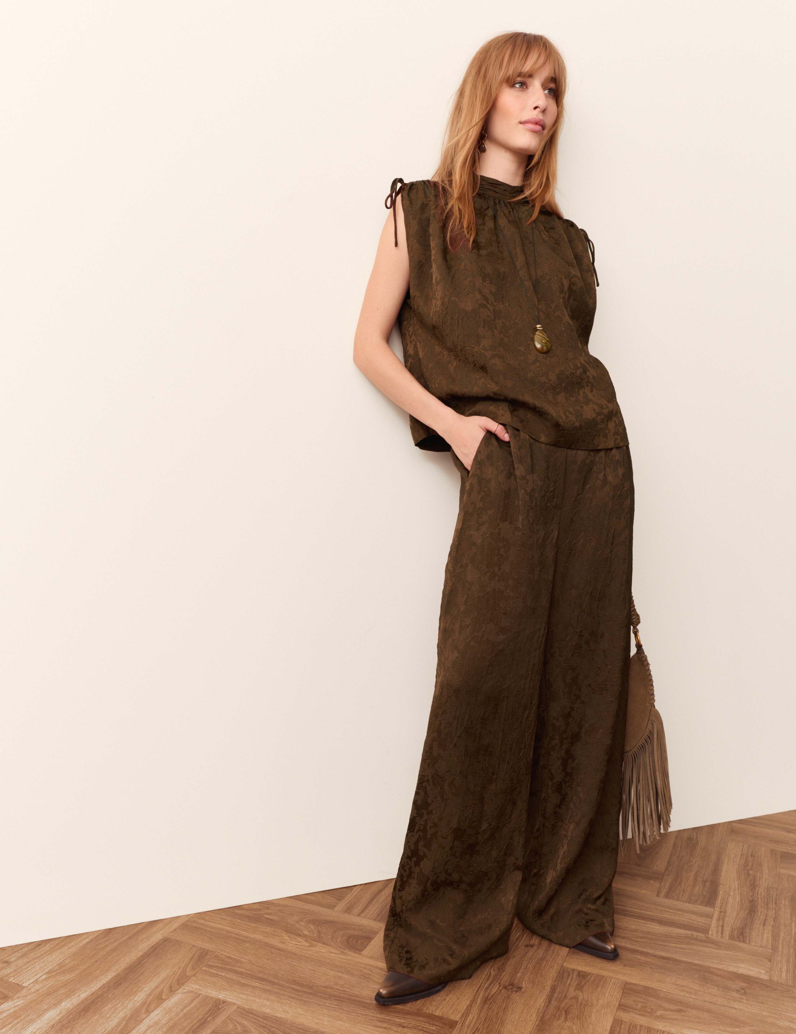 Jacquard Crinkle Wide Leg Trousers