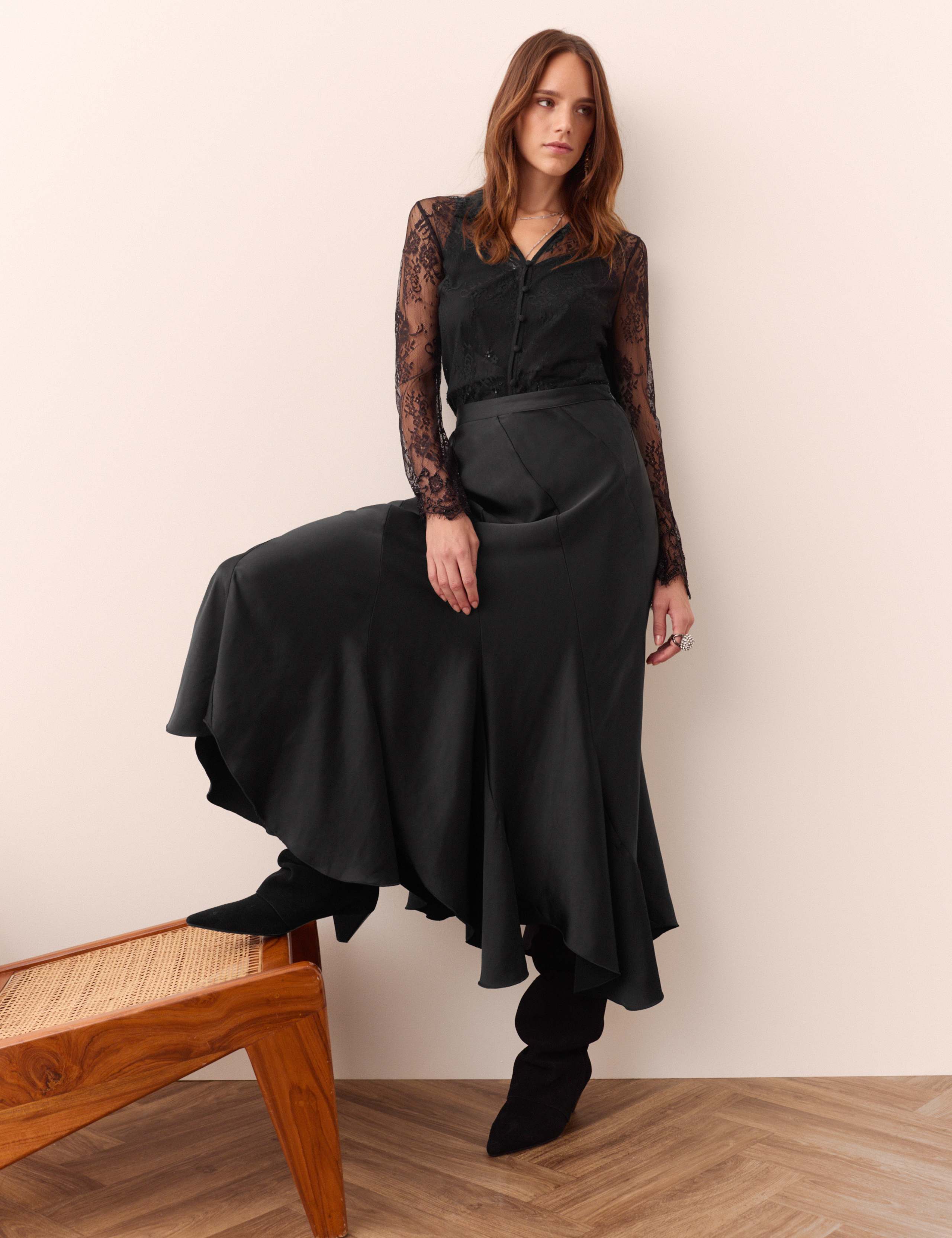 High Waisted Asymmetric Satin Maxi Skirt