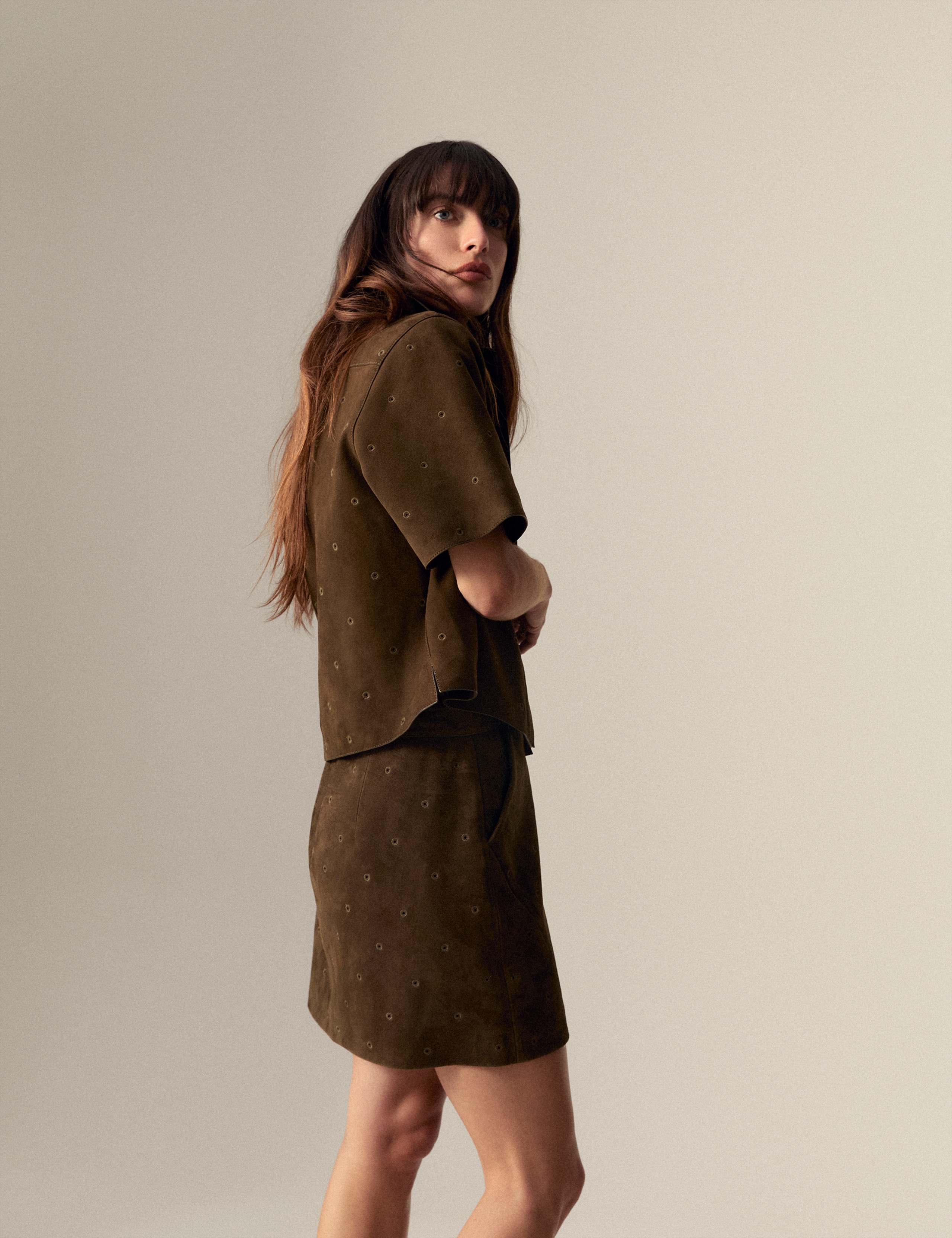 Suede Embroidered Mini Pencil Skirt