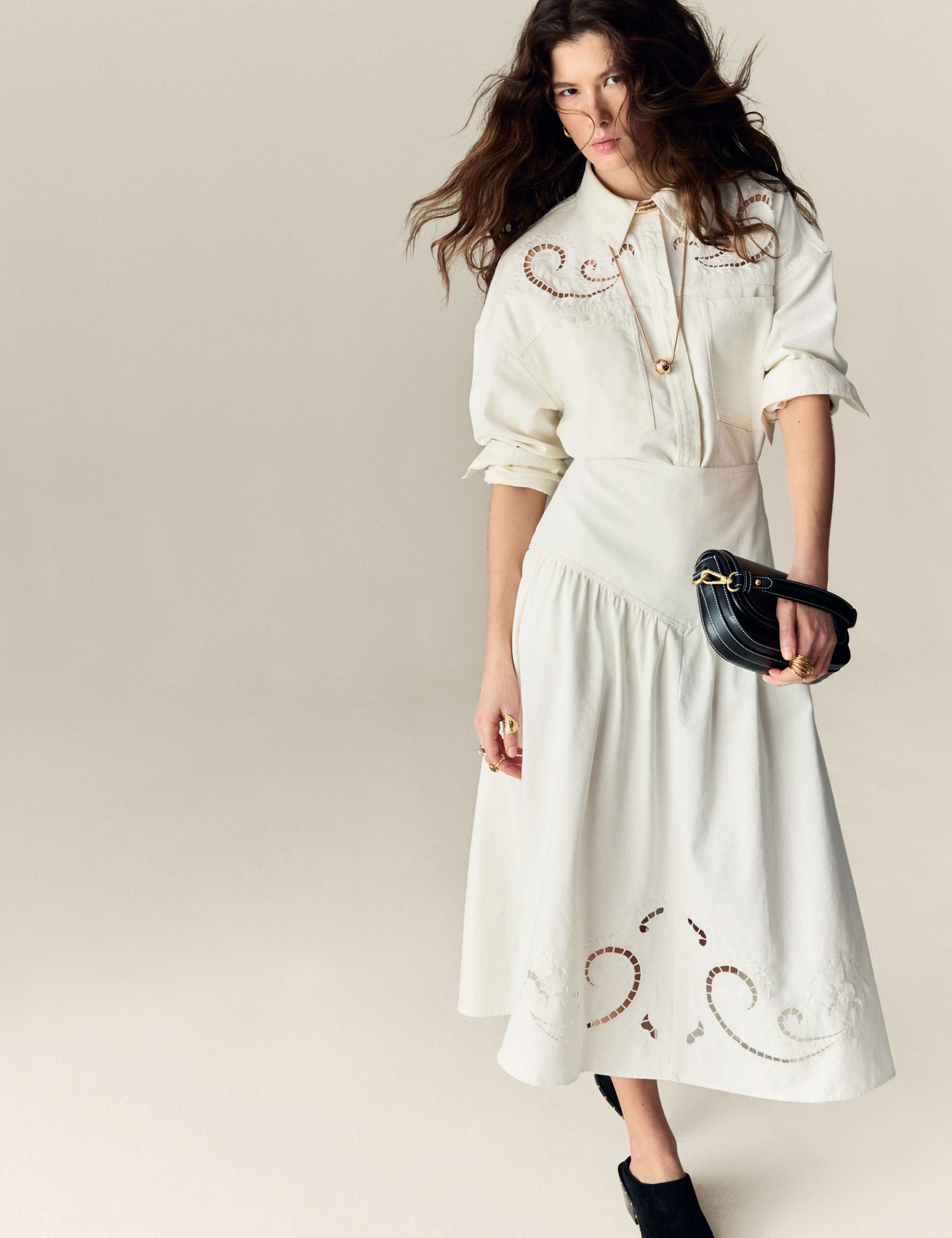 Denim Cutwork Detail Midi Skirt