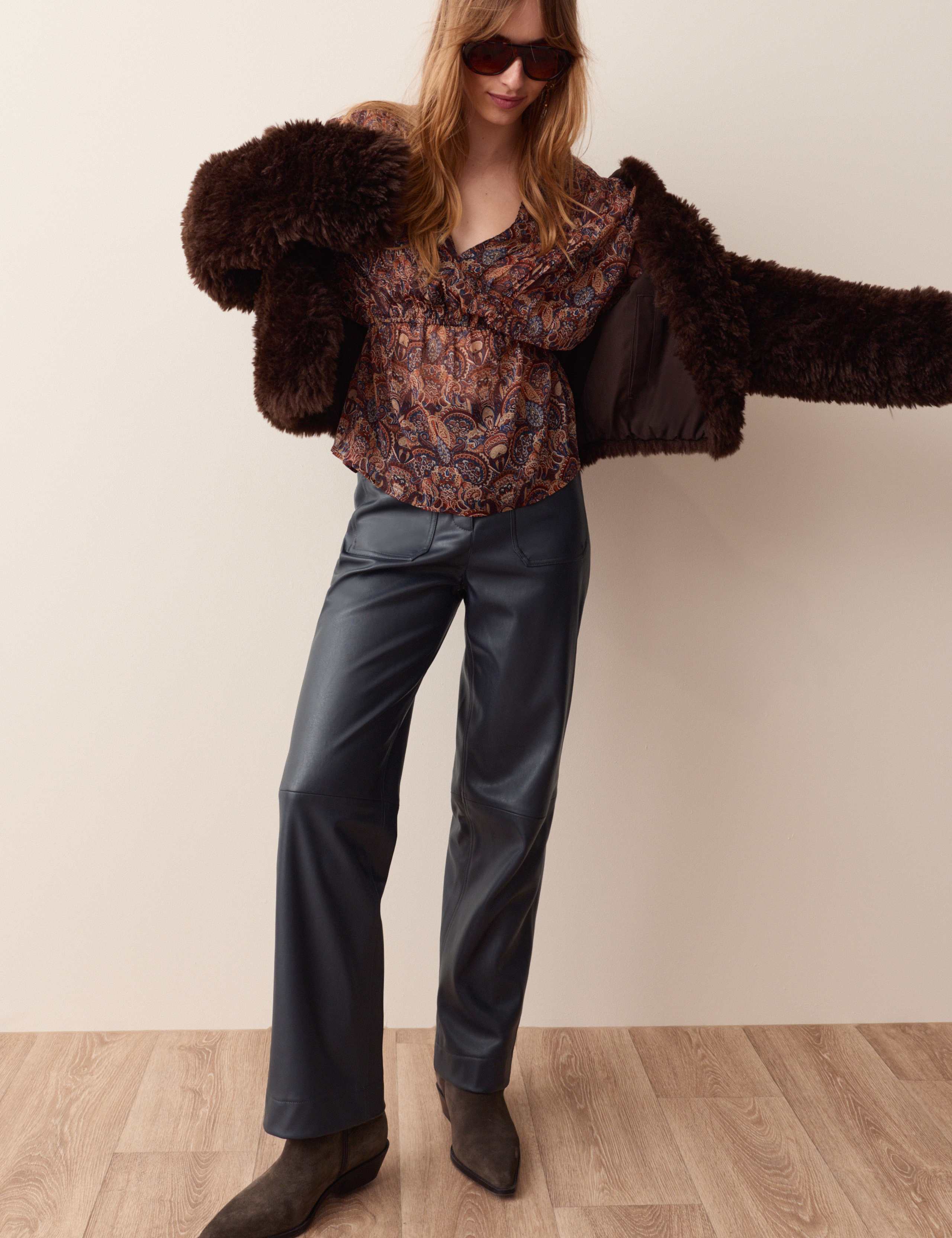 Leather Look Patch Pocket Straight Leg Trousers