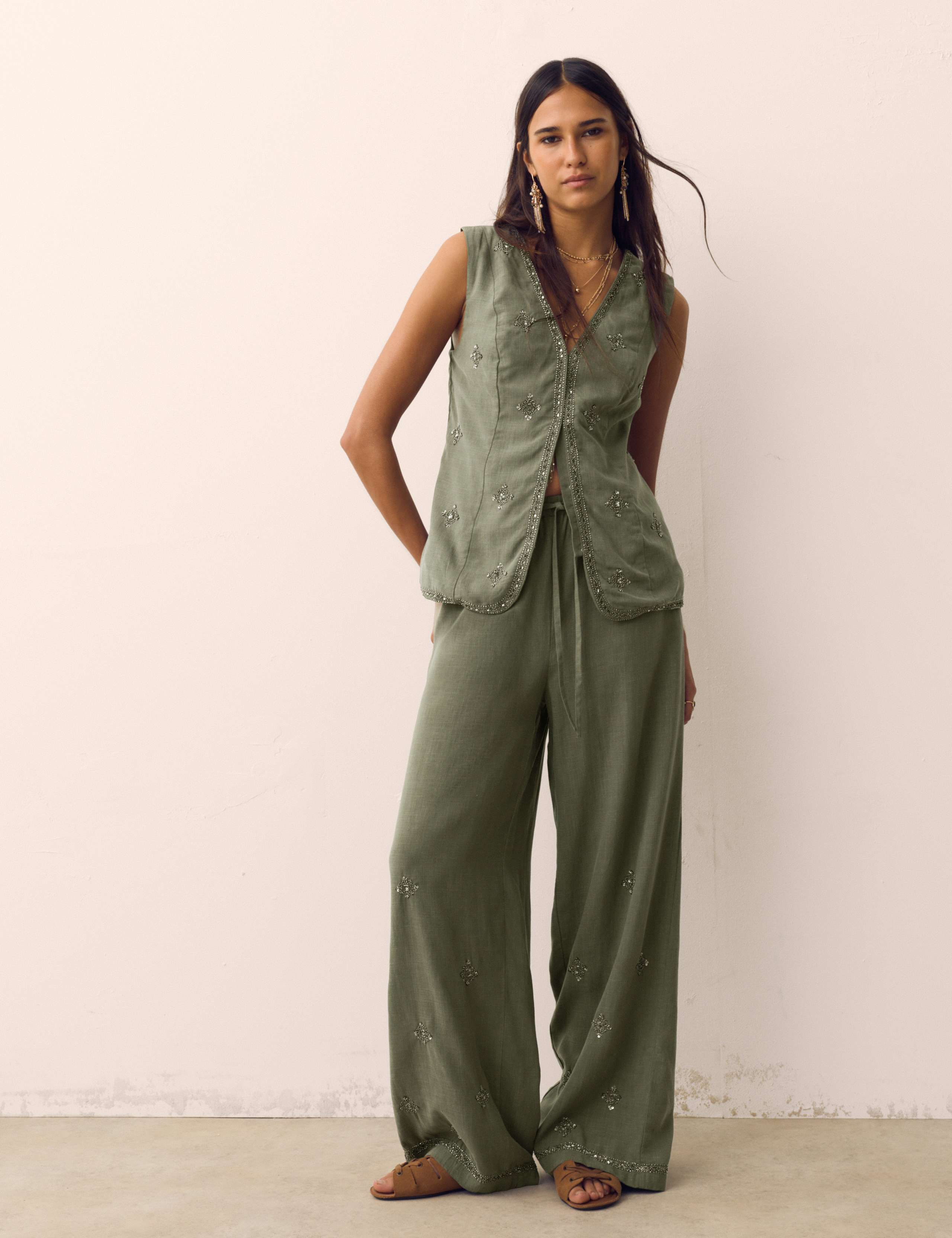 Lyocell Rich Embellished Wide Leg Trousers