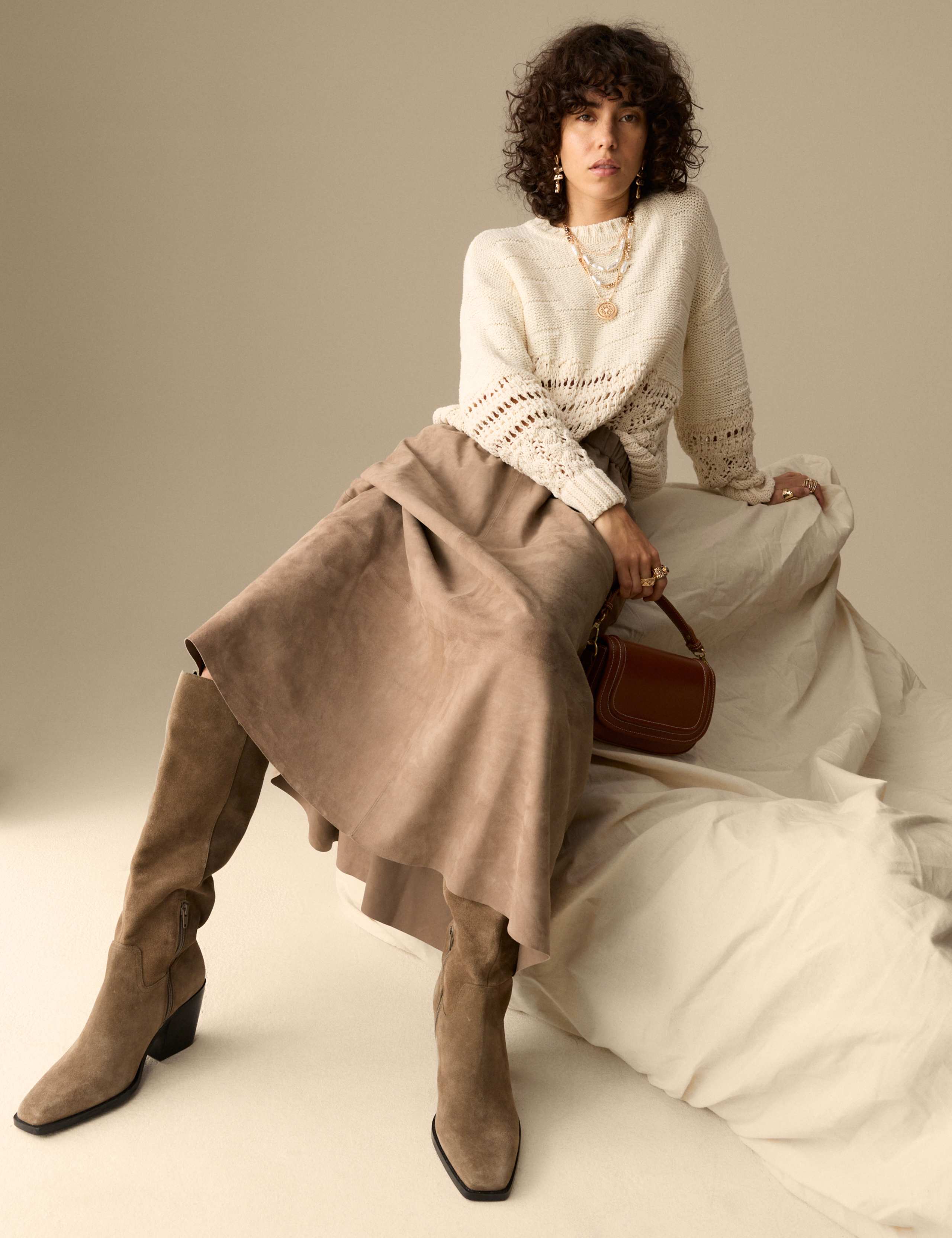 Suede Pleated Midi Skirt
