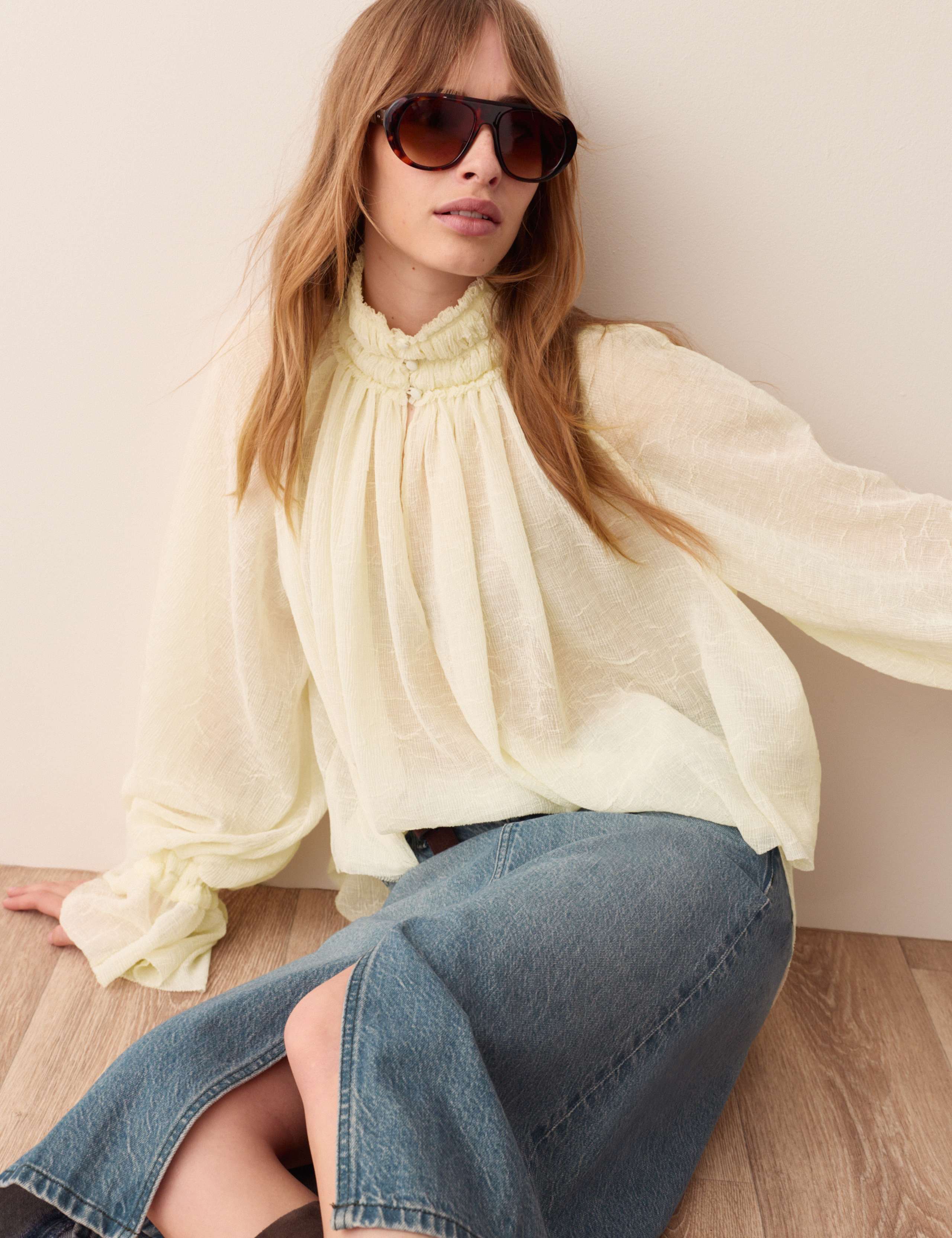 Pleat Gathered High Neck Blouse